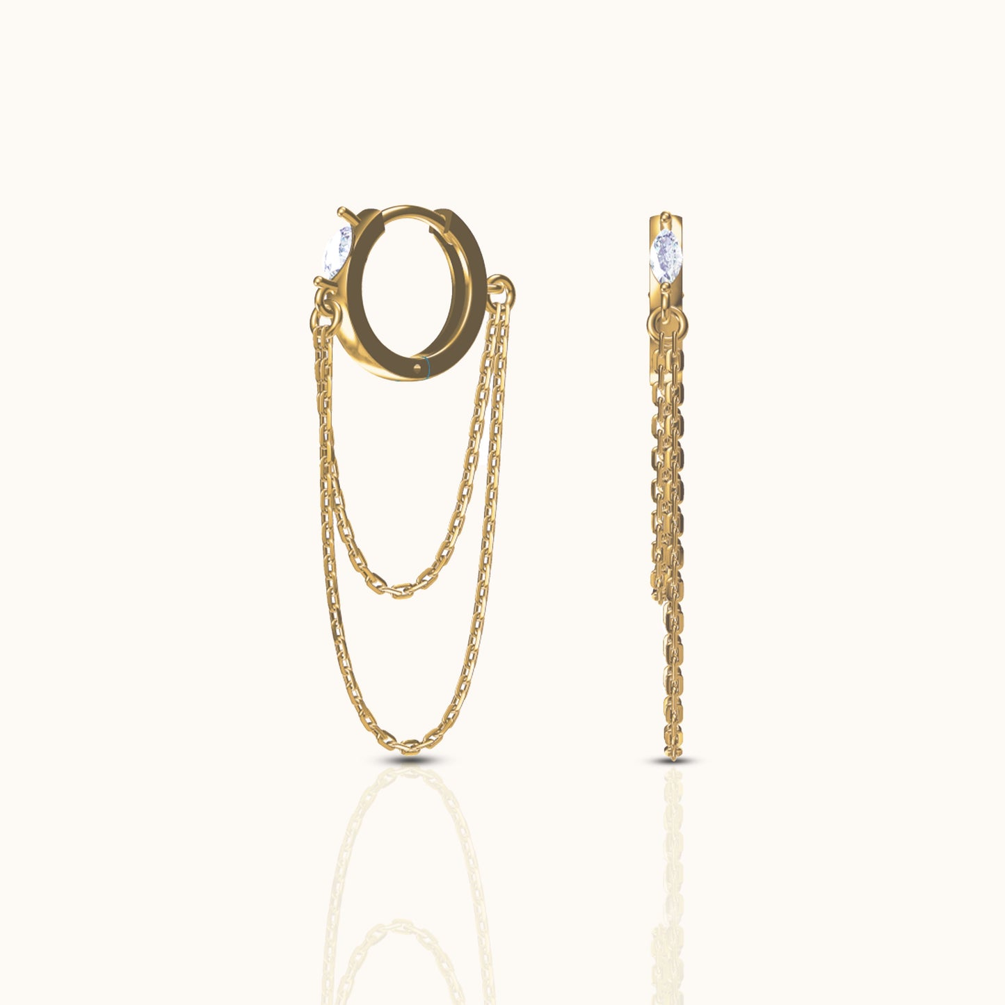 Beautiful Gold Double Layered Tassel Chain CZ Huggie Hoop Dangle Earrings by Doviana