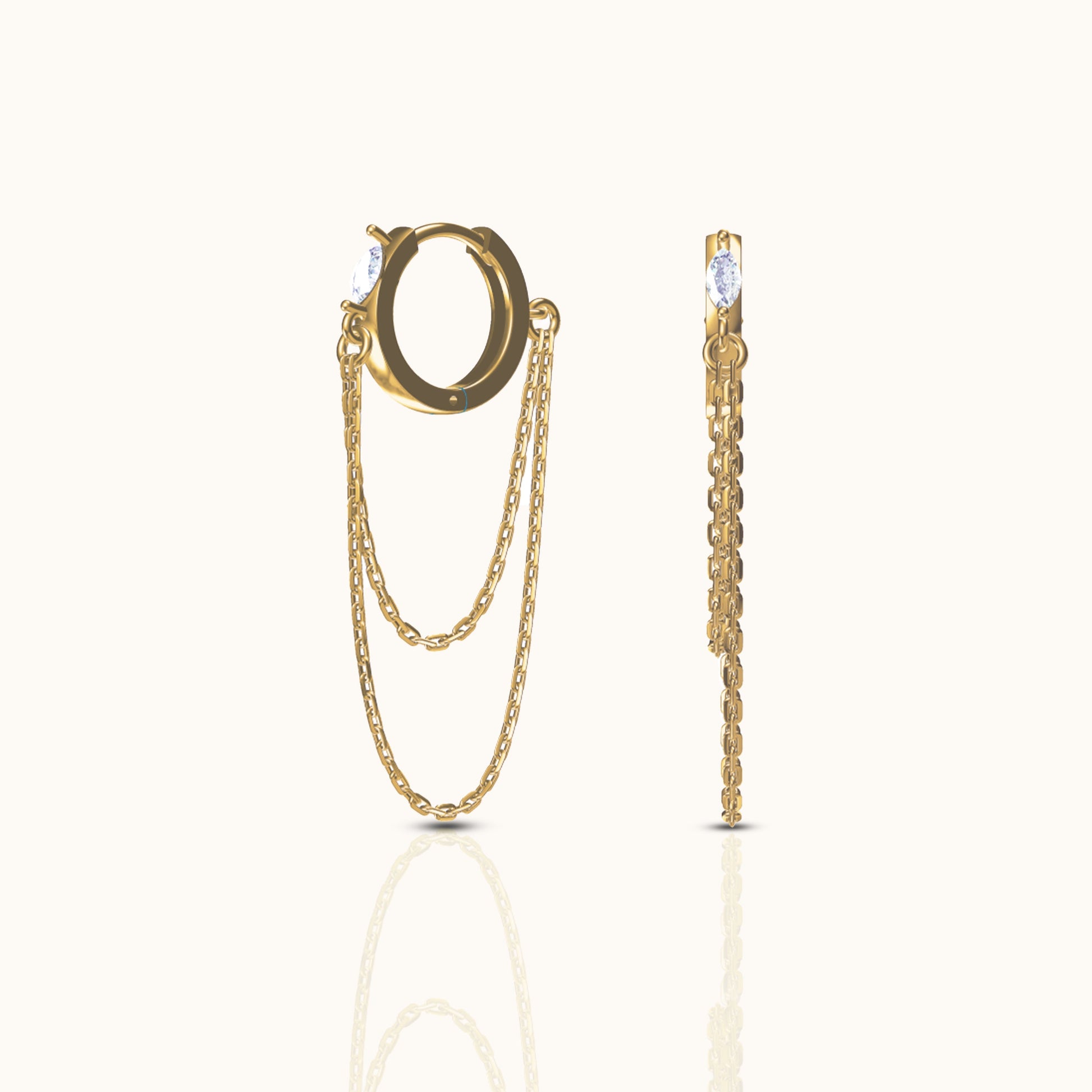 Beautiful Gold Double Layered Tassel Chain CZ Huggie Hoop Dangle Earrings by Doviana