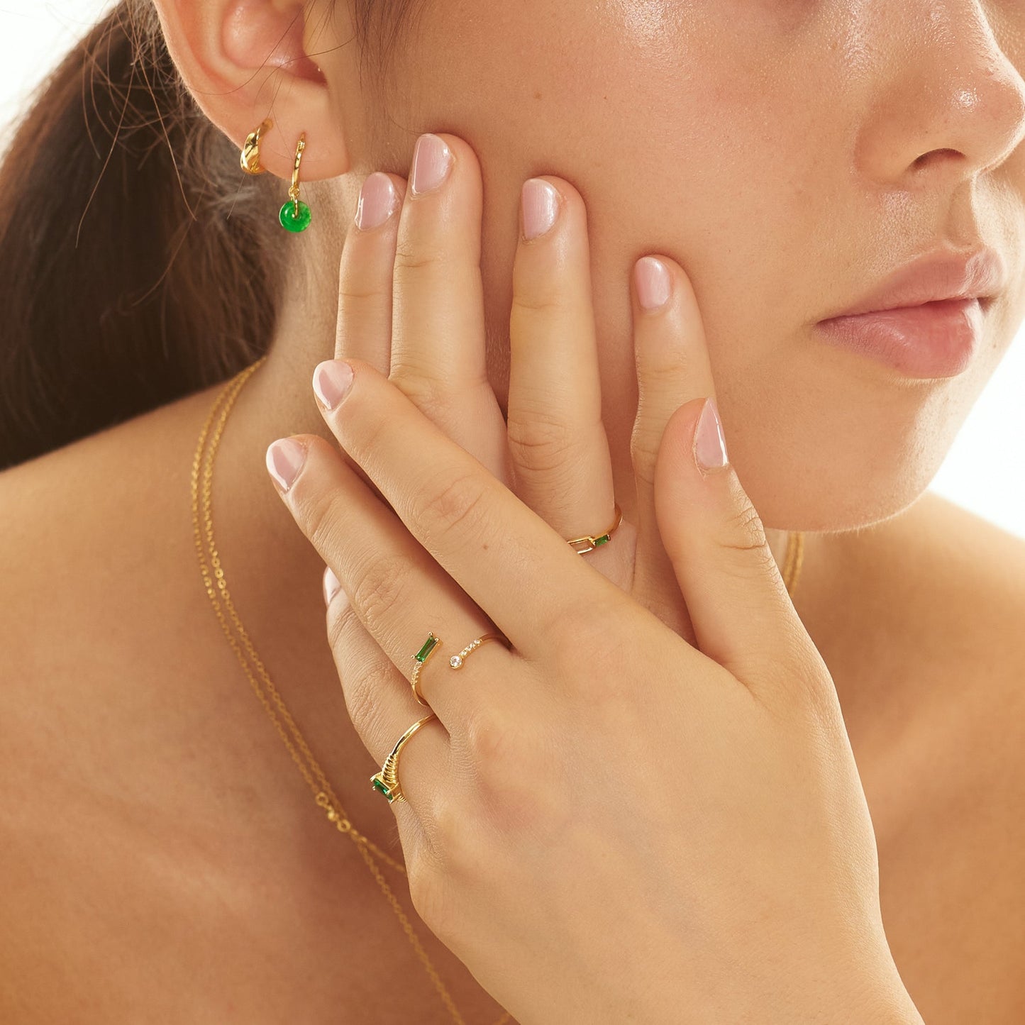 Gold Slim Band Emerald Cut Petite Gemstone Overlap Green CZ Open Ring by Doviana