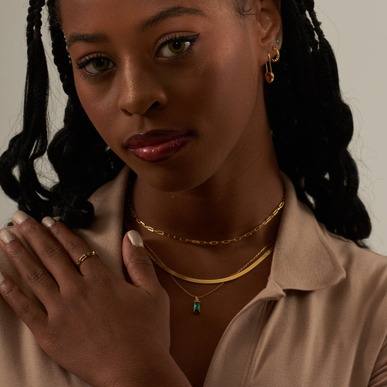 Sage Green Rectangle Emerald Pendant Dangle Necklace with Gold Cable Chain by Doviana