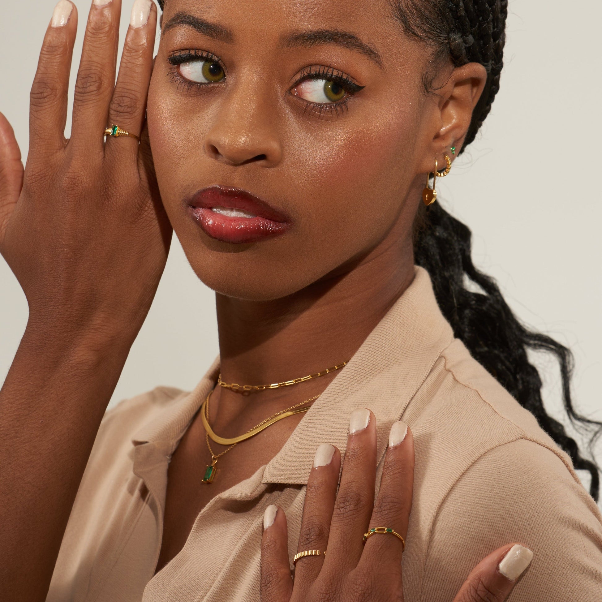 Link Chain Green CZ Ring Paperclip Gold Cuban Link Stacking Ring by Doviana