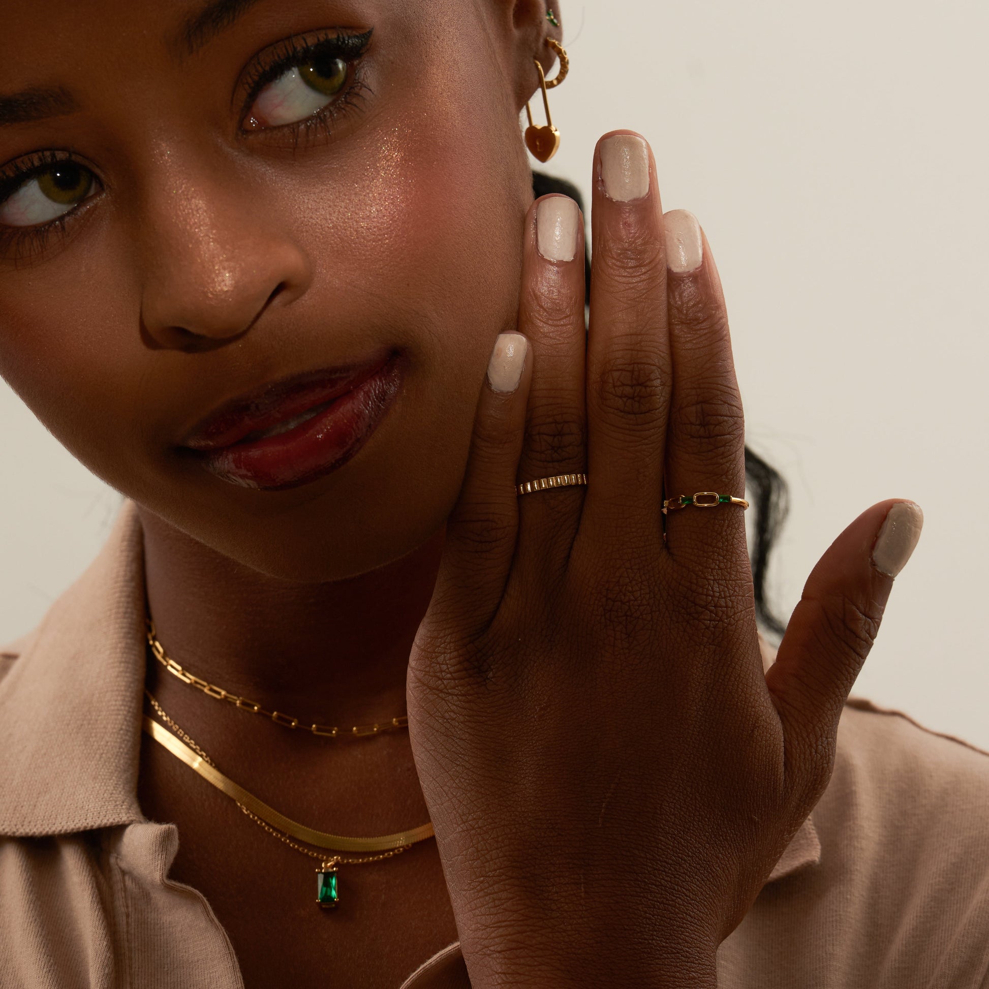Link Chain Green CZ Ring Paperclip Gold Cuban Link Stacking Ring by Doviana