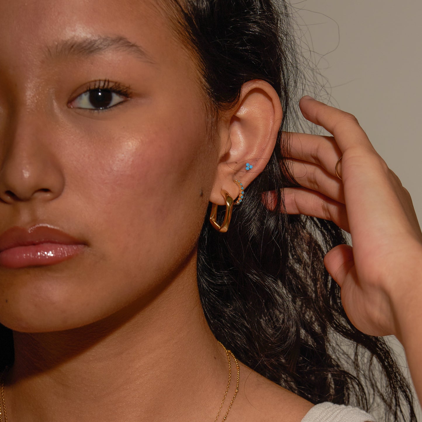Classic Gold Thick Square Rectangle Large Block Stud Hoop Earrings by Doviana