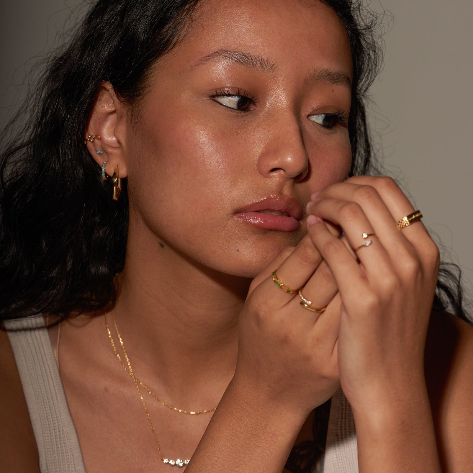 Beaded Bezel Cut CZ Gold Huggie Hoops Blue Turquoise Bead Hoop Earrings by Doviana