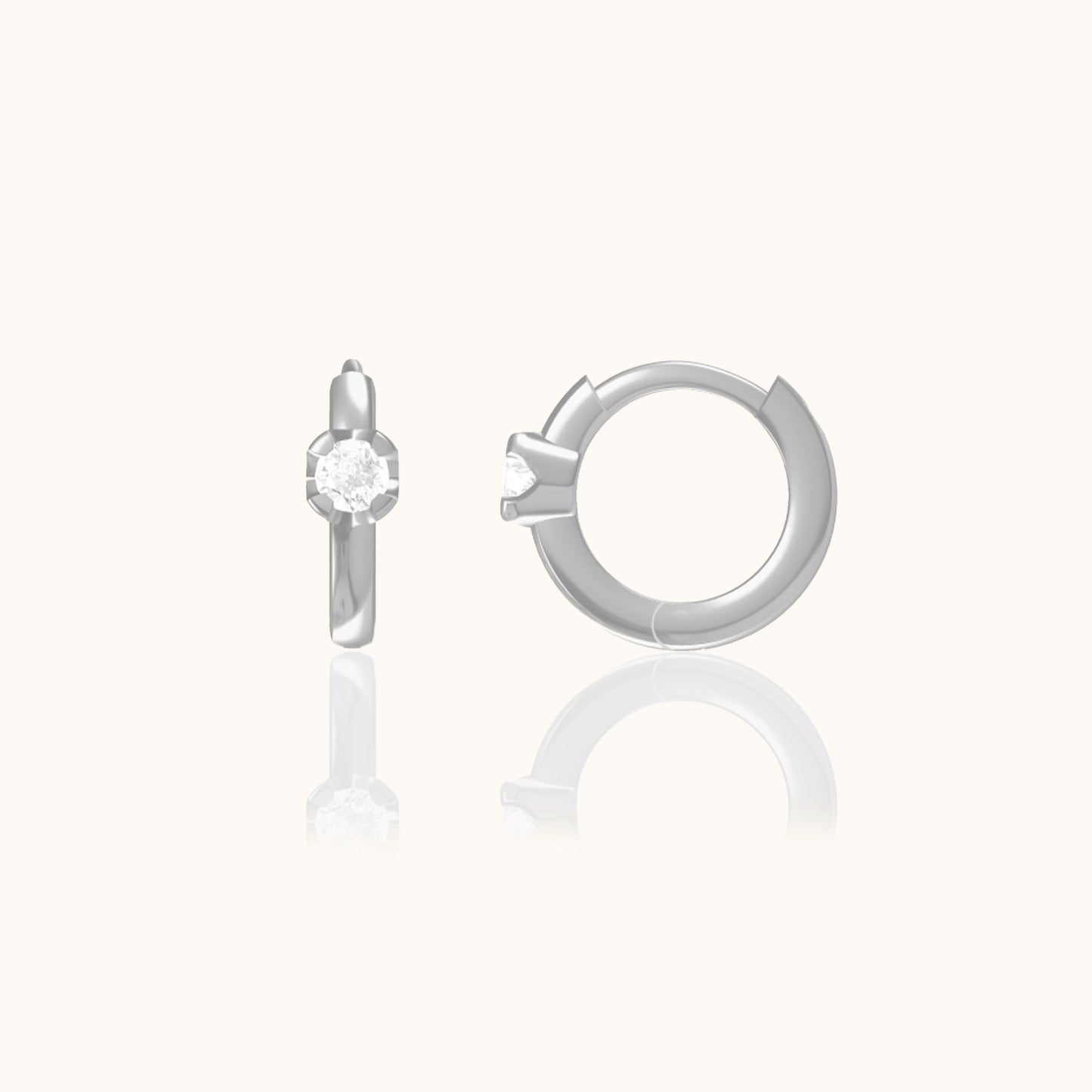 Solitaire CZ Embellished 925 Sterling Silver Huggie Hoops Simple Round Gem Hoop Earrings by Doviana