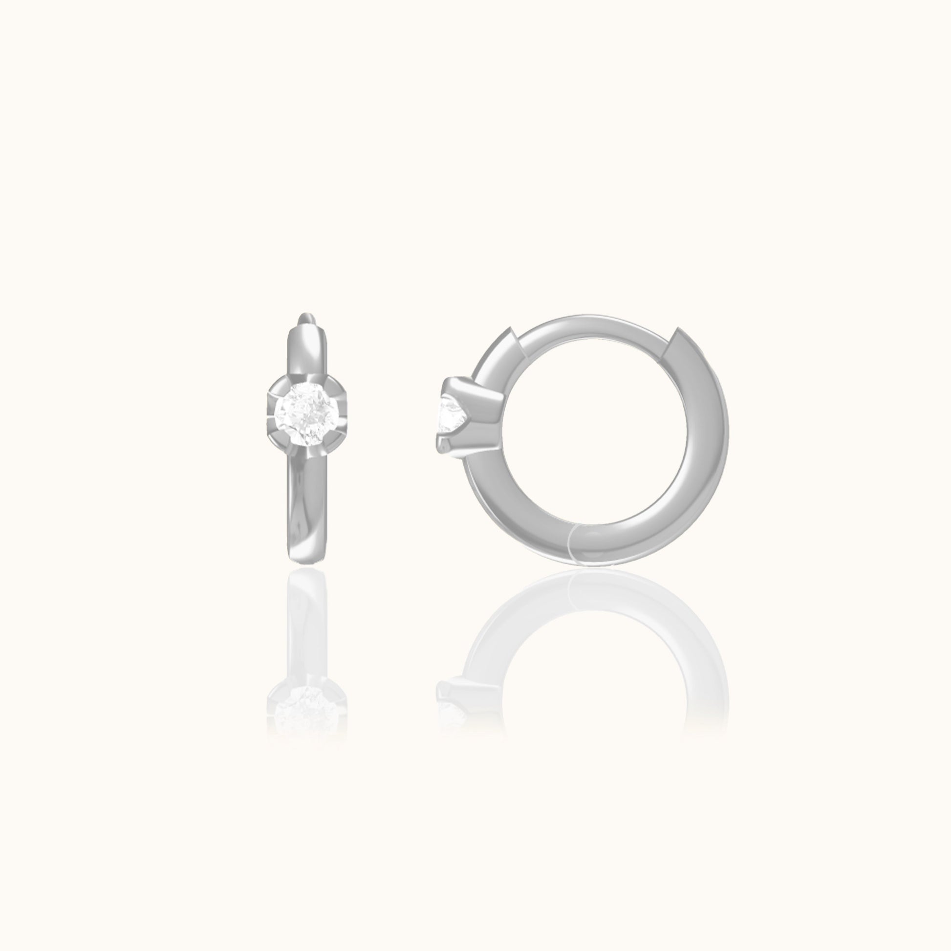 Solitaire CZ Embellished 925 Sterling Silver Huggie Hoops Simple Round Gem Hoop Earrings by Doviana