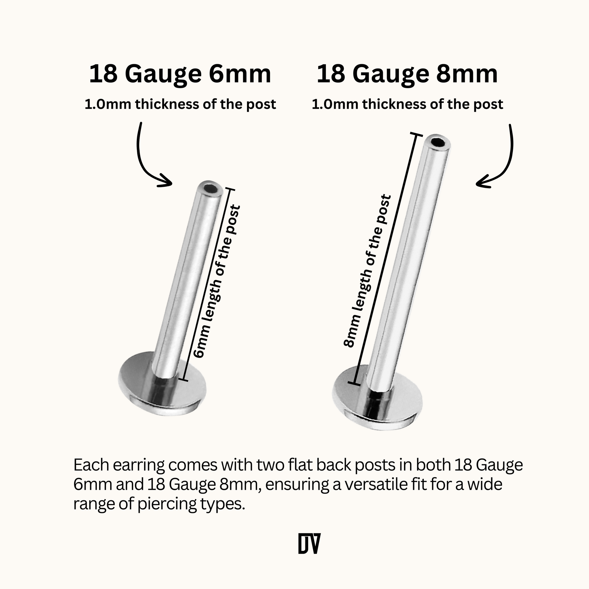 Each earring comes with two titanium flat back posts in both 18 Gauge 6mm and 18 Gauge 8mm, ensuring a versatile fit for a wide range of piercing types.