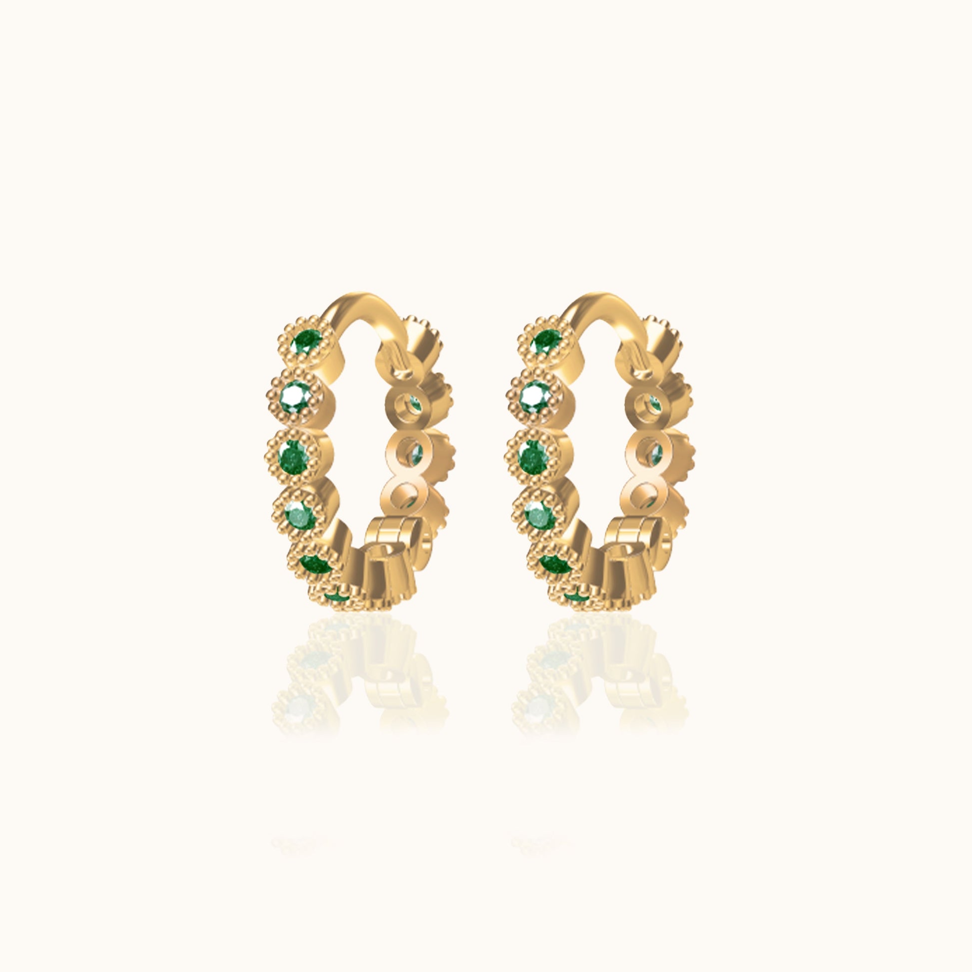 Emerald Green Beaded Gold CZ Huggie Hoops Earrings Size 12mm for Daily Wear by Doviana