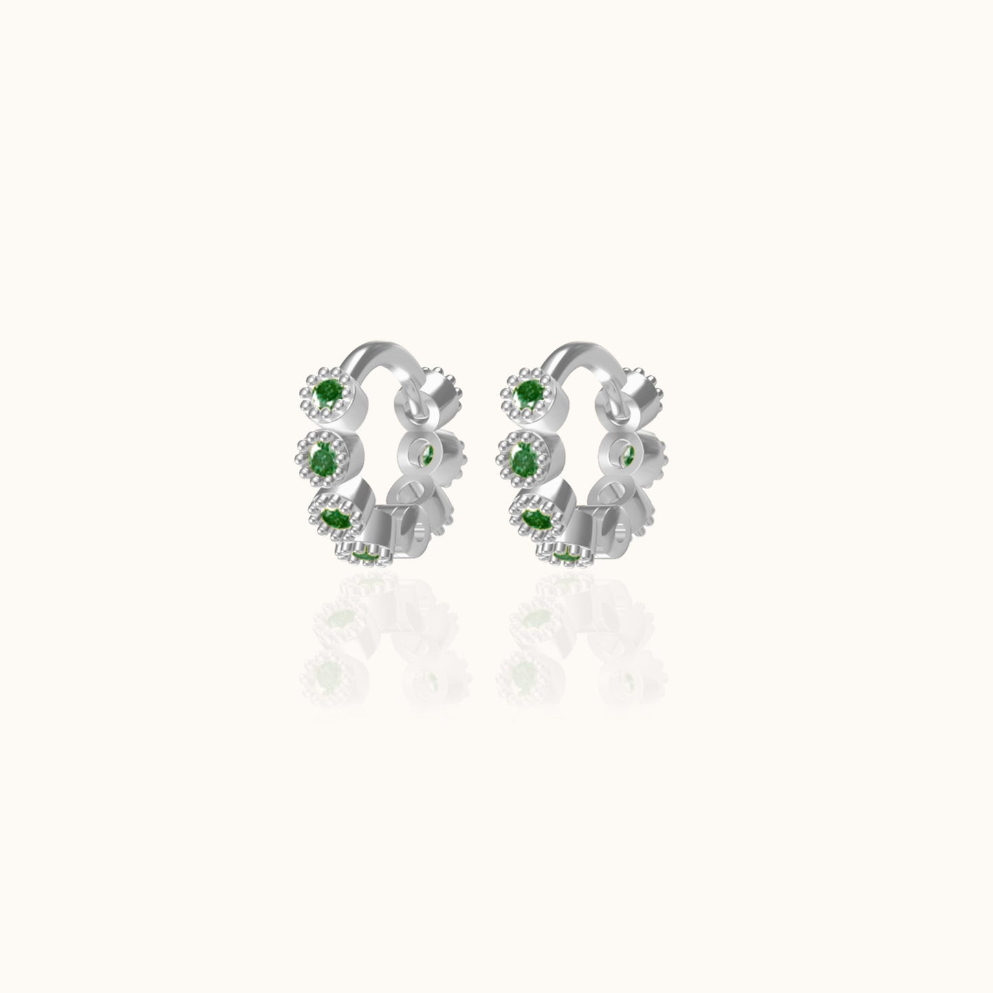 Tiny Emerald Green CZ Mini Bead Bezel Set 925 Sterling Silver Huggie Hoop Earrings by Doviana
