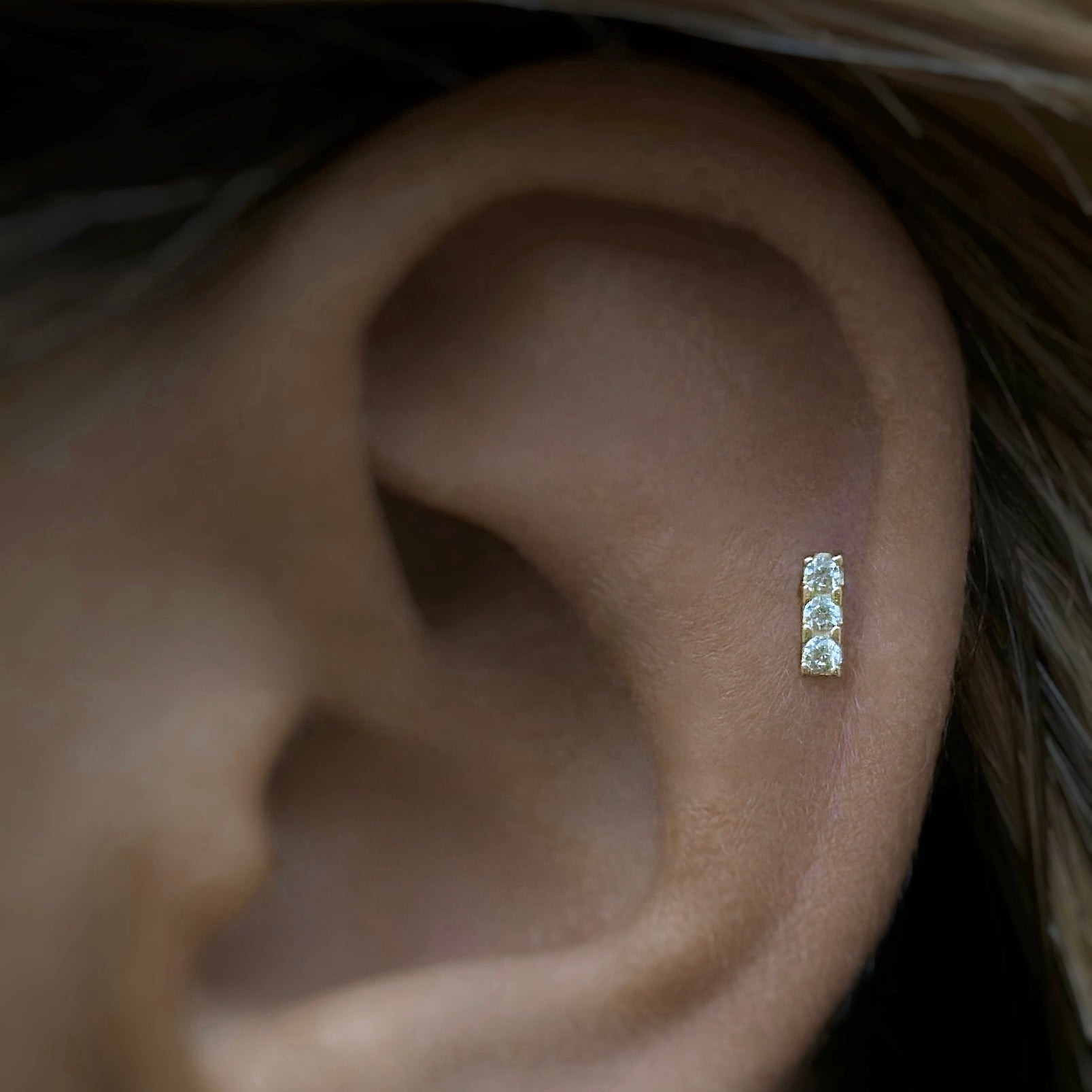 14K Solid Gold Bar Triple Green CZ Threadless Labret Flat Back Earring by Doviana