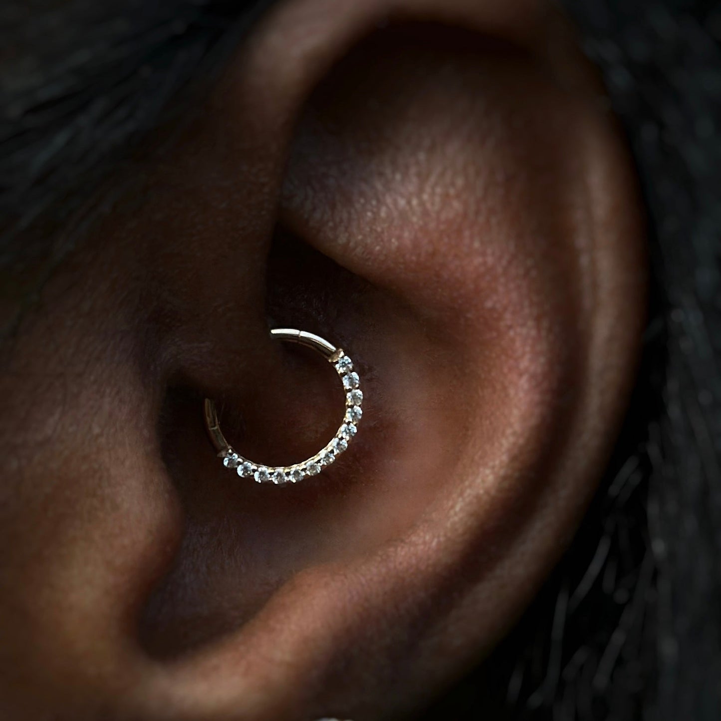 14K Solid Gold 8mm Daith Half CZ Clicker Hoop Earring