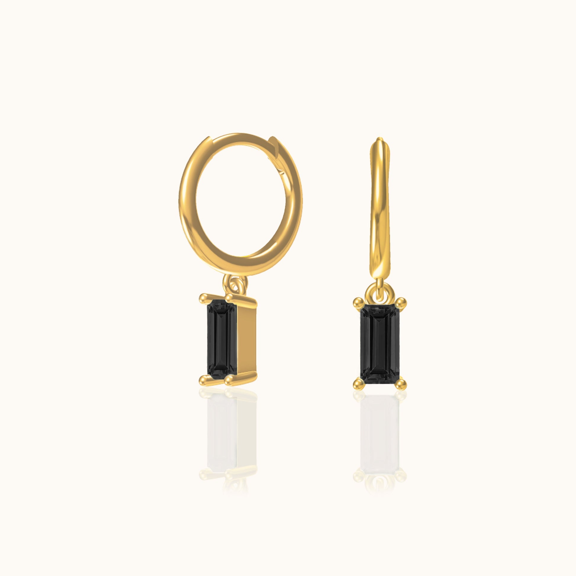 Gem Black CZ Dangle Hoop Earrings Emerald Cut Gemstone Drop Gold Huggie Hoops by Doviana