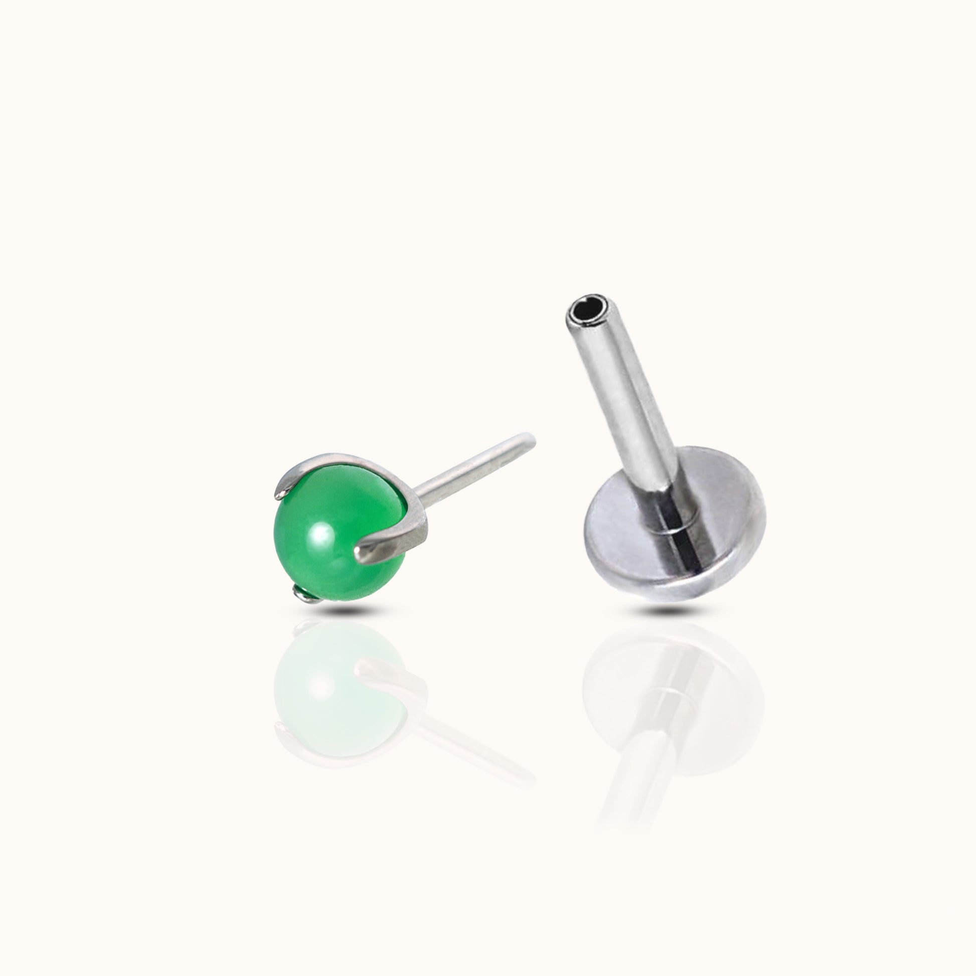 Green Jade Threadless Labret Titanium Flat Back Nap Earring Push Back by Doviana