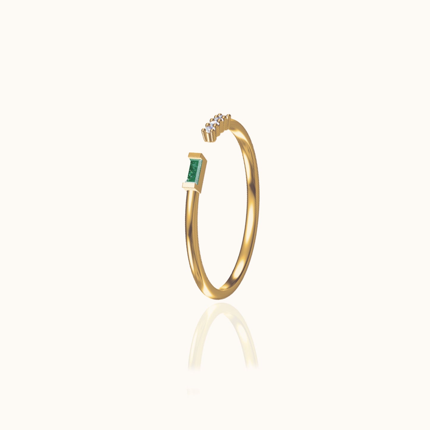 Slim Gold Band Adjustable Petite Emerald Cut Green and White CZ Open Ring by Doviana