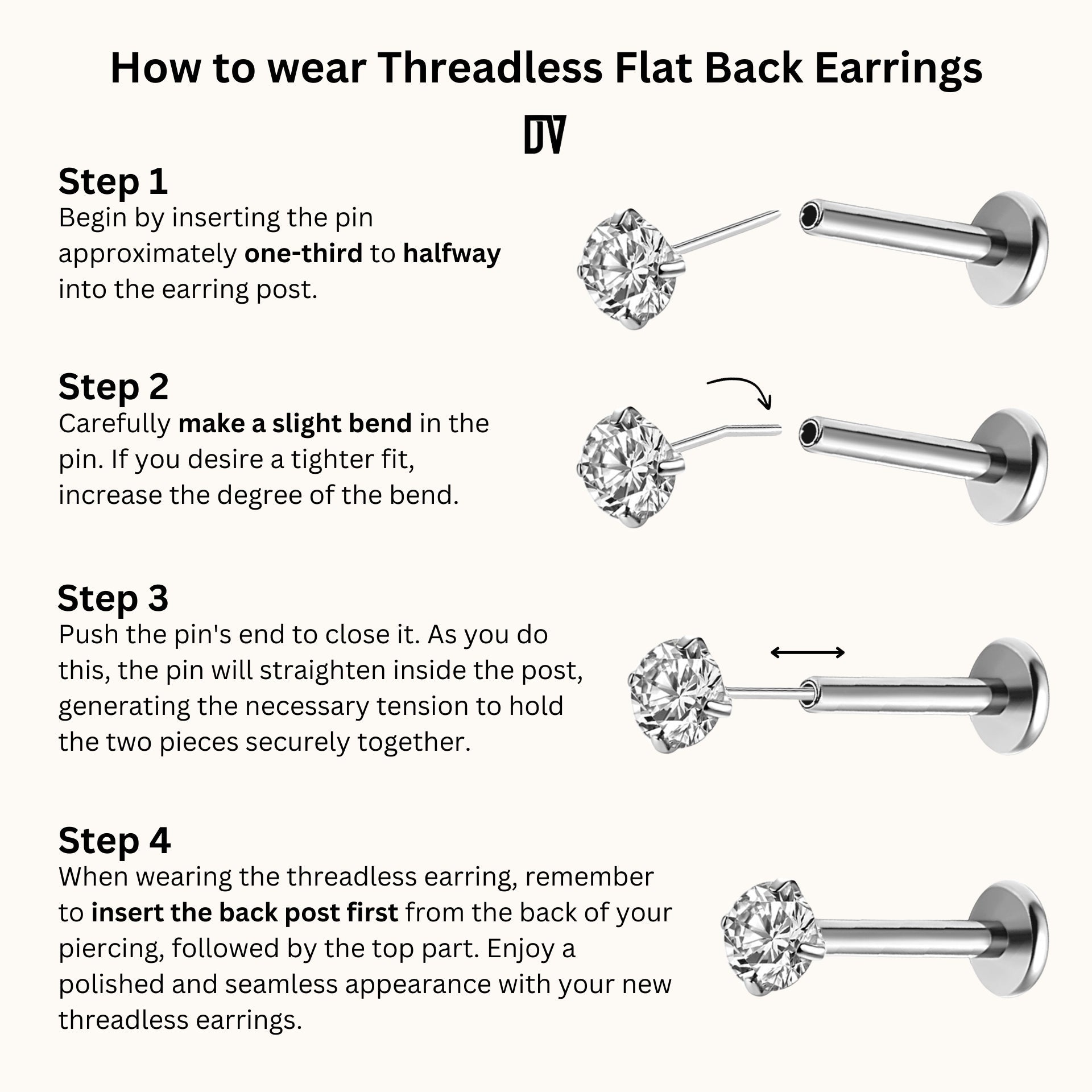 How to wear Threadless Flat Back Earrings Step by Step Guide Push Back Stud Nap Earring Push Pin Flatback by Doviana
