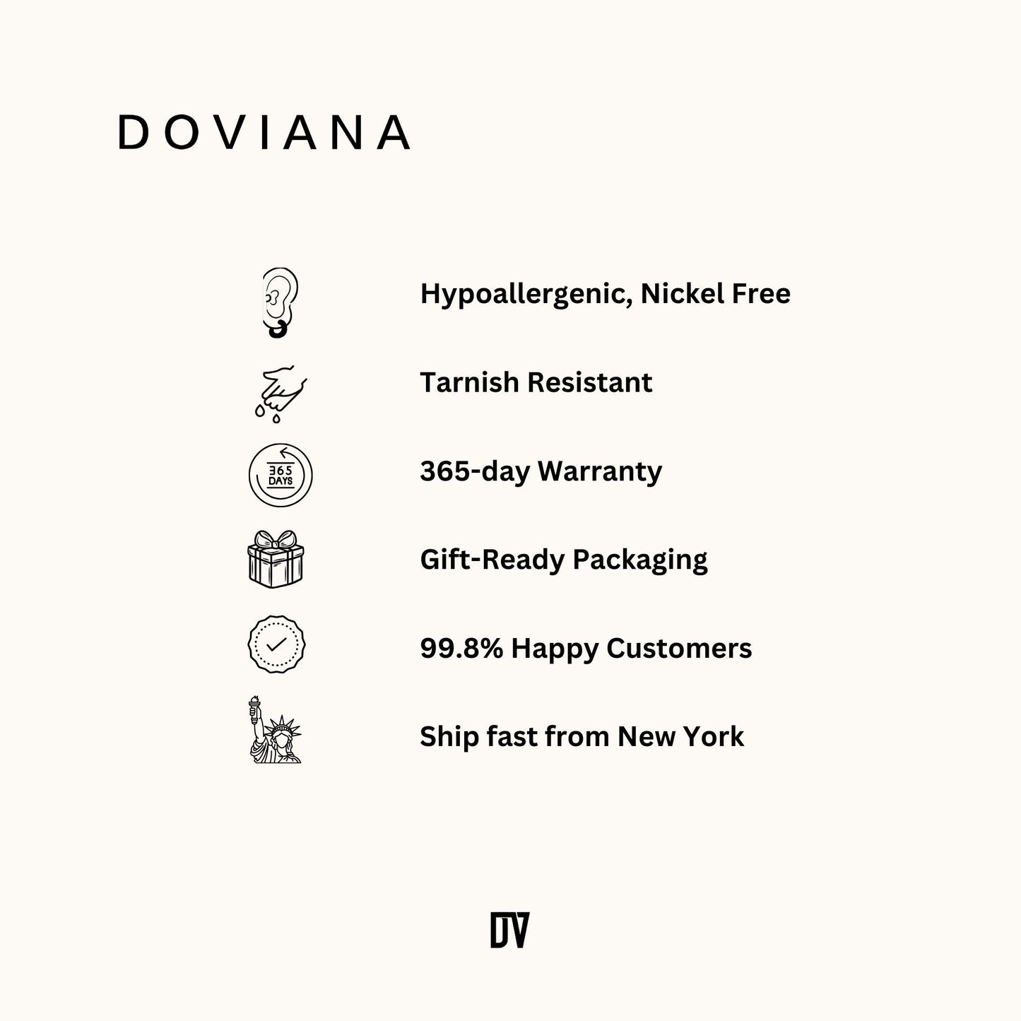 Hypoallergenic, nickel-free, and tarnish-resistant, our shower-safe, water-resistant jewelry features a 365-day warranty, no green skin, premium gift-ready packaging, and 99.8% happy customers—all shipped quickly from New York!