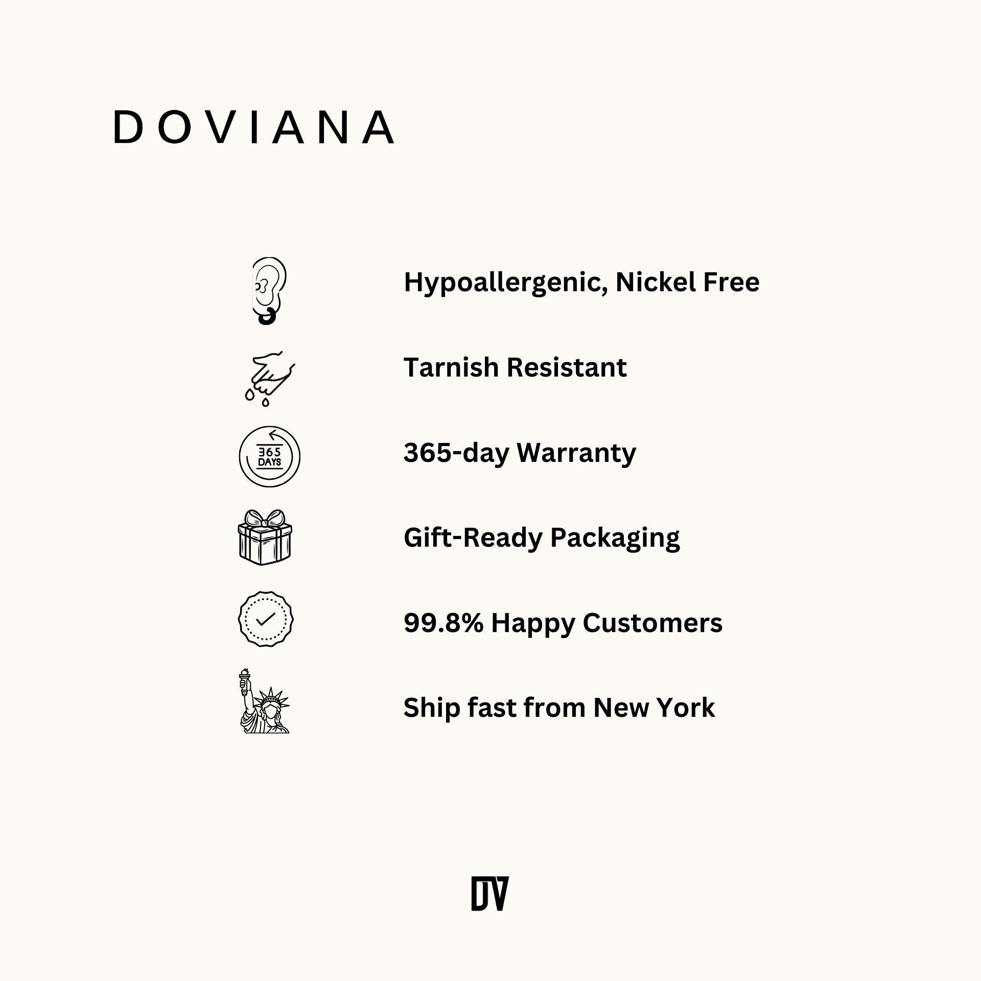 Hypoallergenic, nickel-free, and tarnish-resistant, our shower-safe, water-resistant jewelry features a 365-day warranty, no green skin, premium gift-ready packaging, and 99.8% happy customers—all shipped quickly from New York!