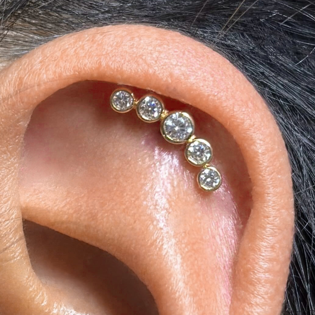14K Solid Gold Round Bezel CZ Bar Threadless Labret Flat Back Earring