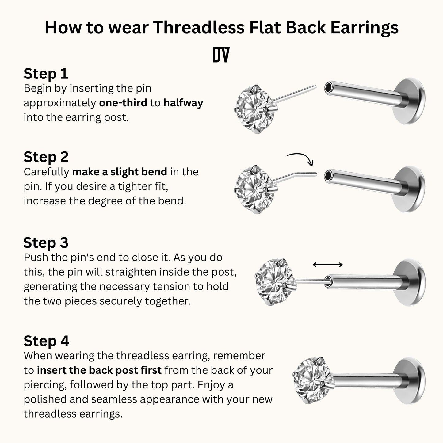 How to wear Threadless Flat Back Earrings Step by Step Guide Push Back Stud Nap Earring Push Pin Flatback by Doviana