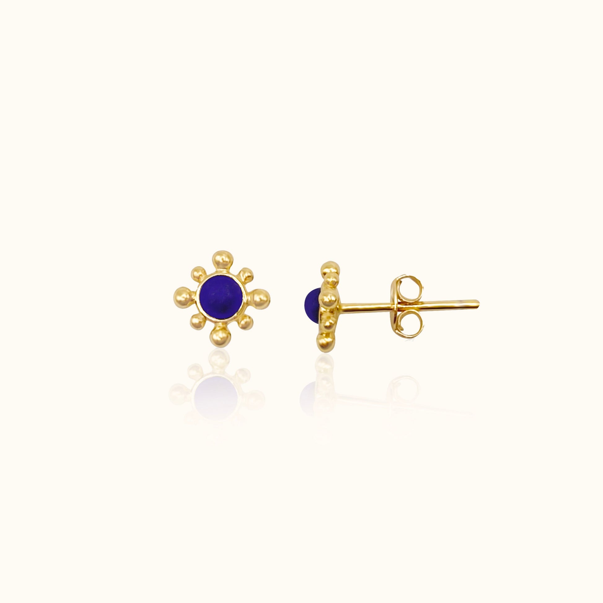 Petite Blue Gemstone Sun Shape Gold Studs Lapis Lazuli Stud Earrings by Doviana