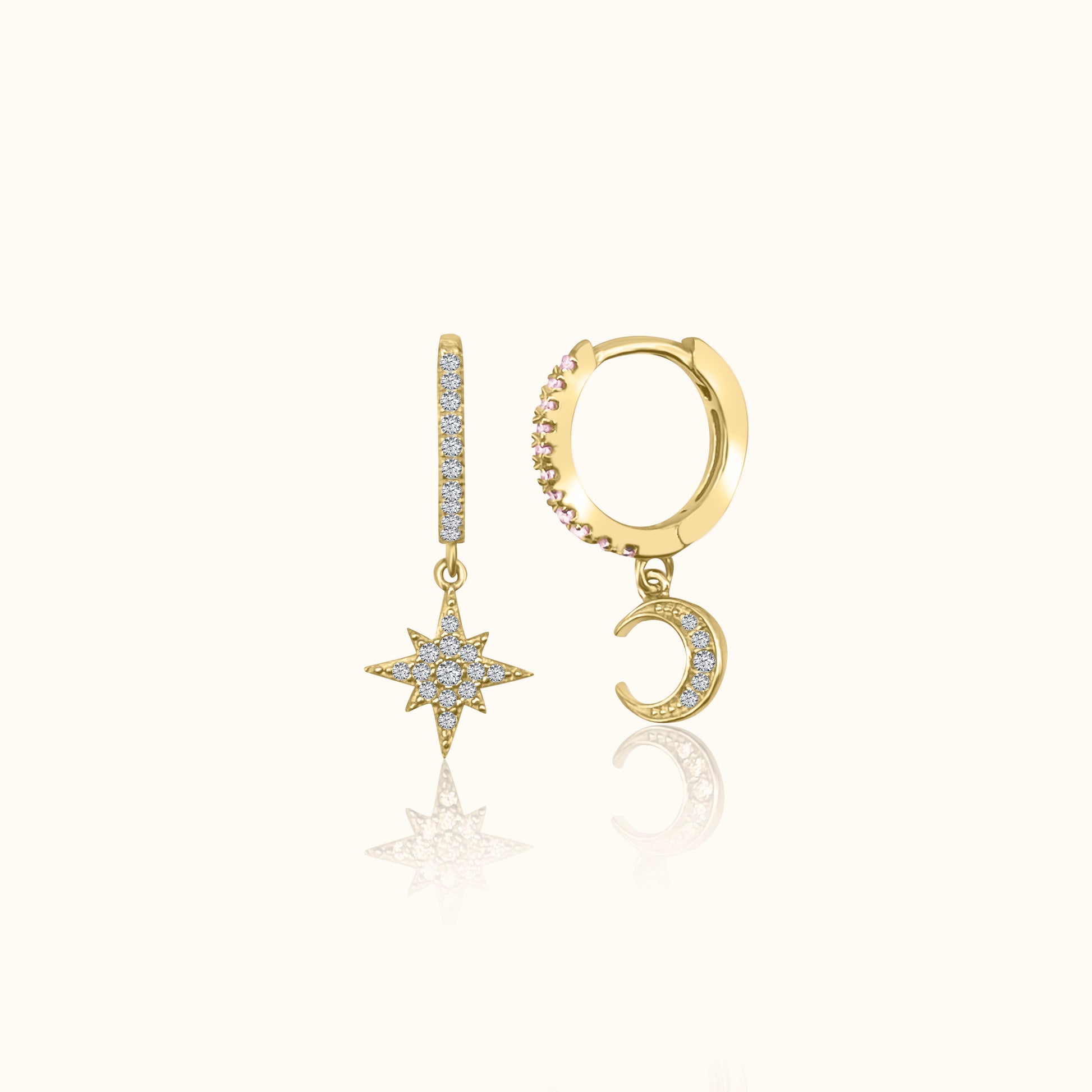 Petite Gold Crescent Charm Moon & Star Celestial Huggie Hoops by Doviana