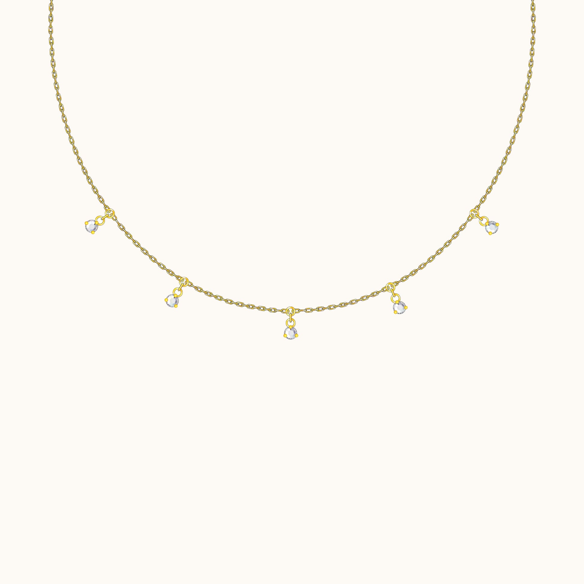 White Gemstone Embellished Charm Dangle Gold Dainty CZ Drop Necklace by Doviana