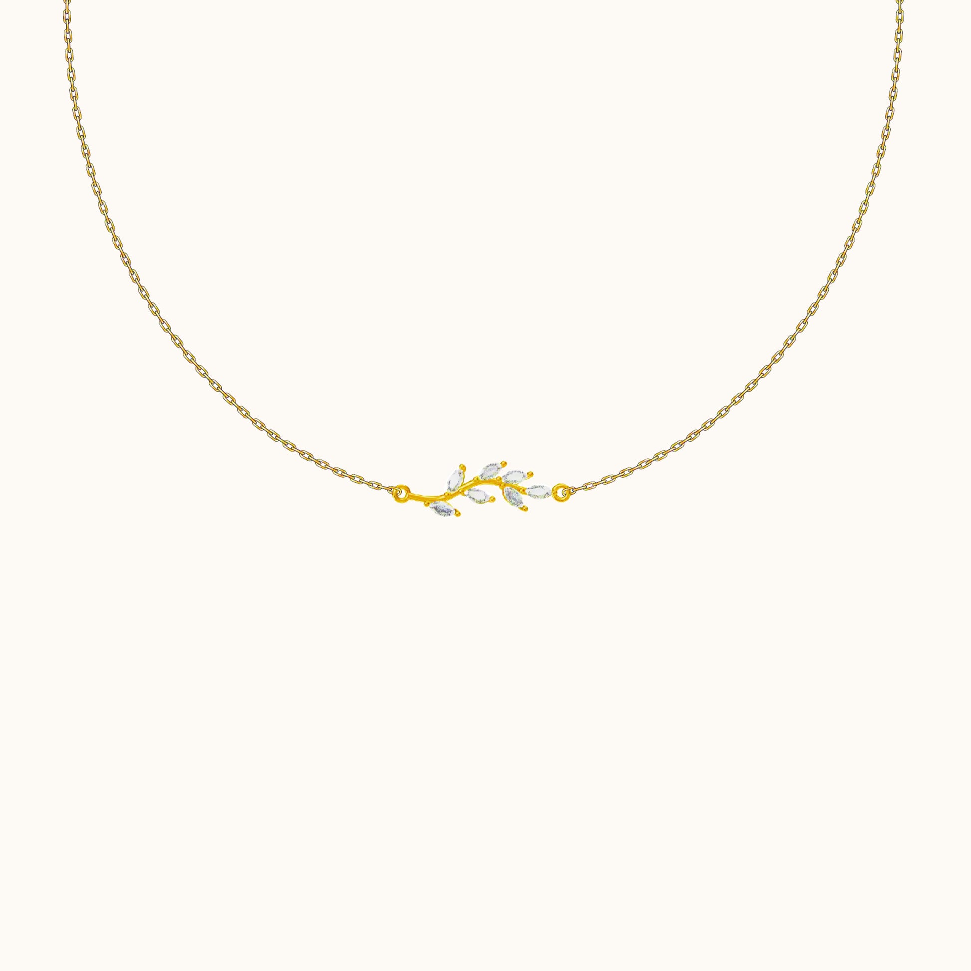 Plant Leaf Gemstone Charm Gold Cable Chain White CZ Leaves Necklace by Doviana