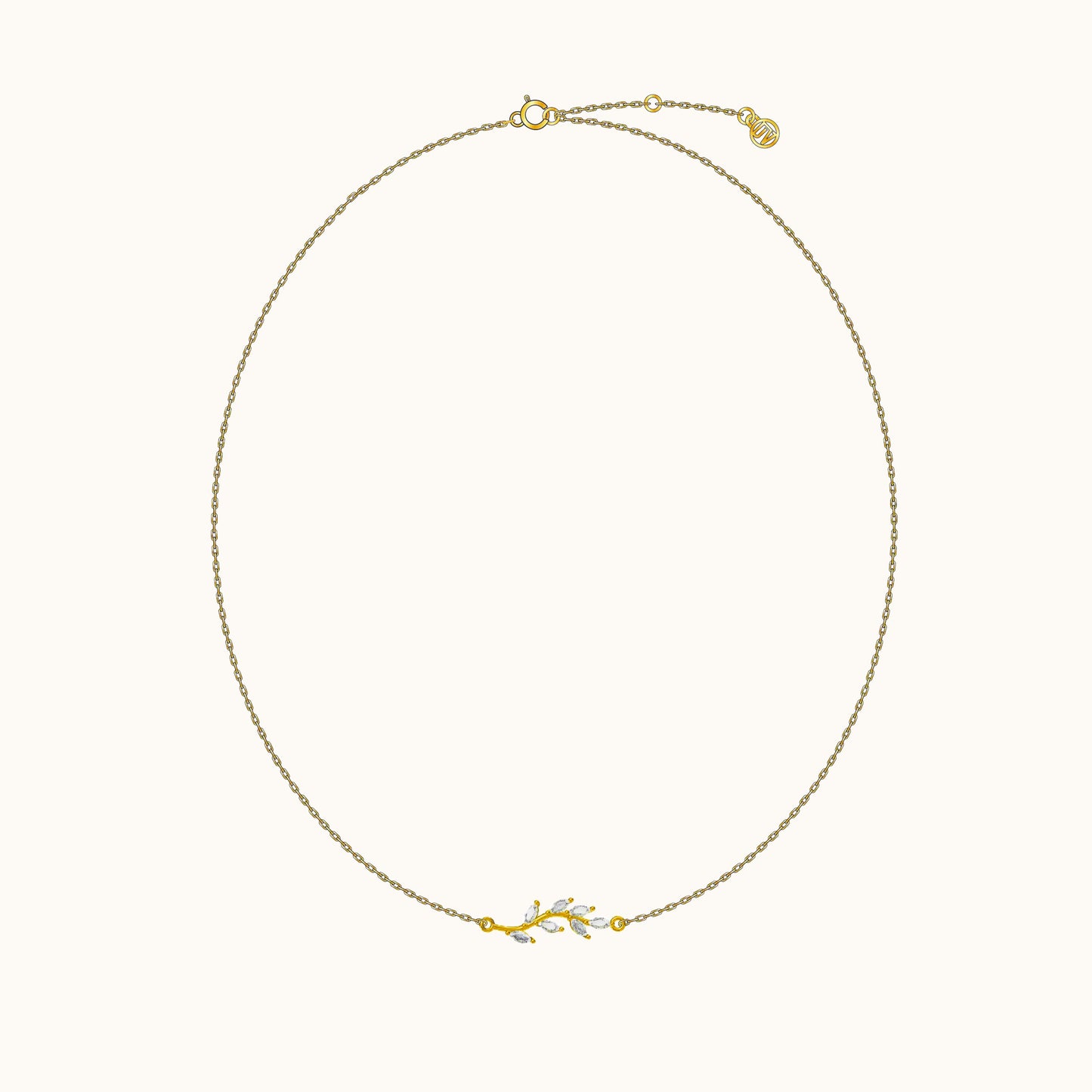 Plant Leaf Gemstone Charm Gold Cable Chain White CZ Leaves Necklace by Doviana