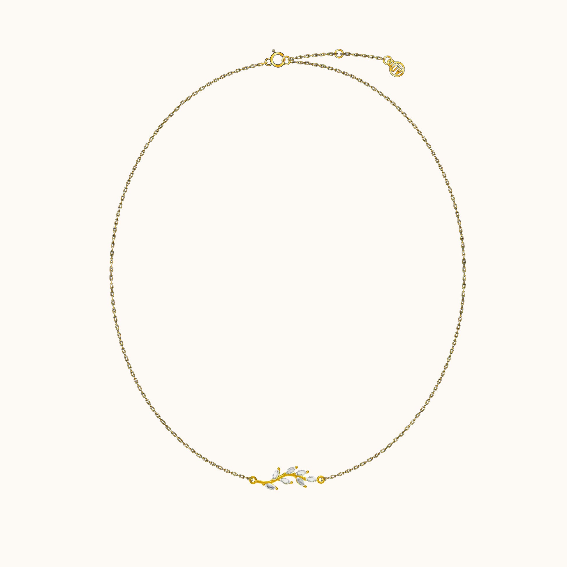 Plant Leaf Gemstone Charm Gold Cable Chain White CZ Leaves Necklace by Doviana