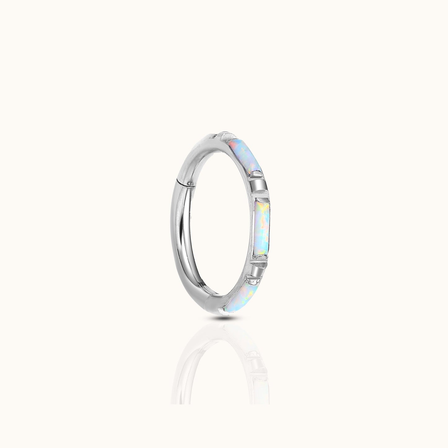 Opal Bezel Set Gemstone Clicker Titanium Silver Hinged Nap Hoop Earring by Doviana