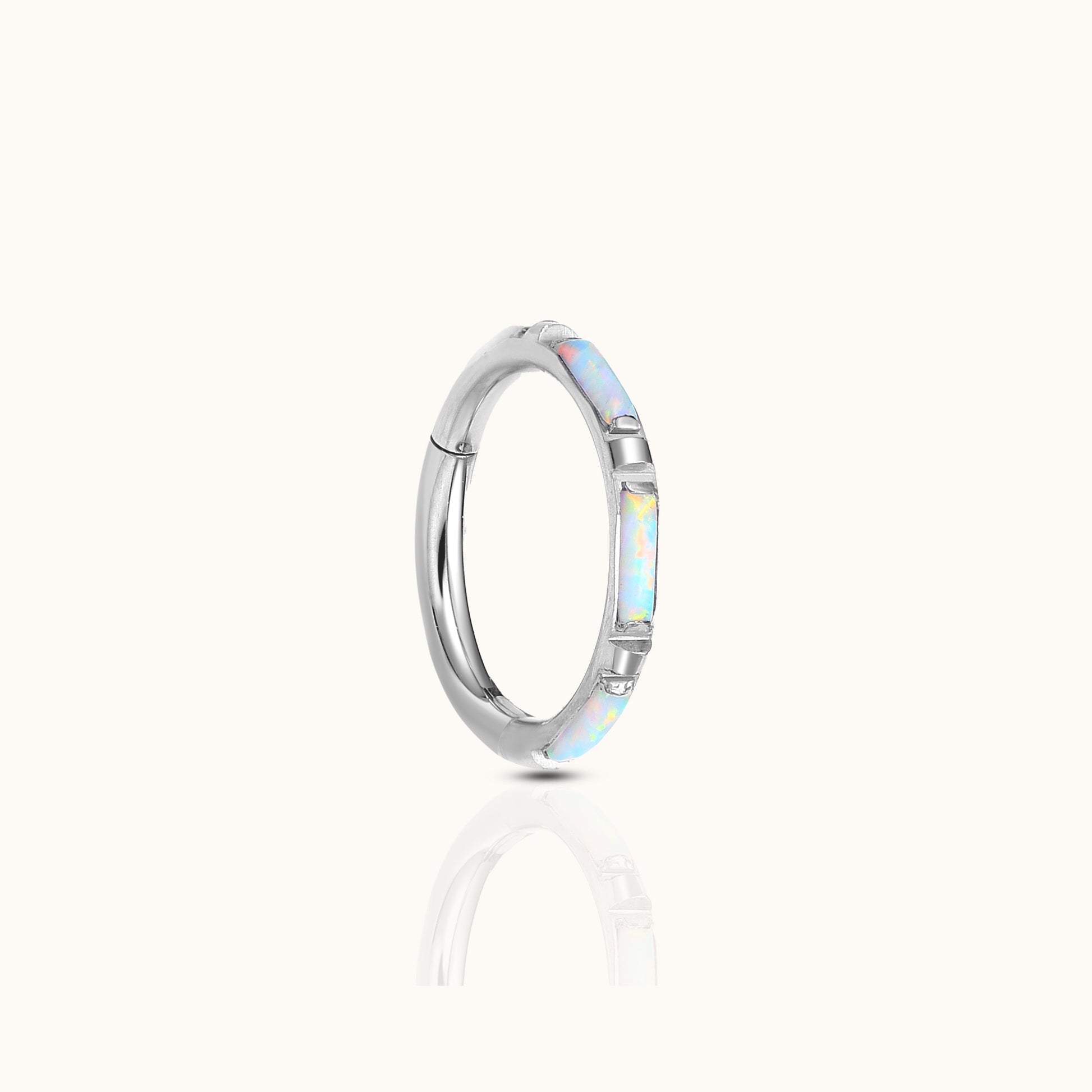 Opal Bezel Set Gemstone Clicker Titanium Silver Hinged Nap Hoop Earring by Doviana