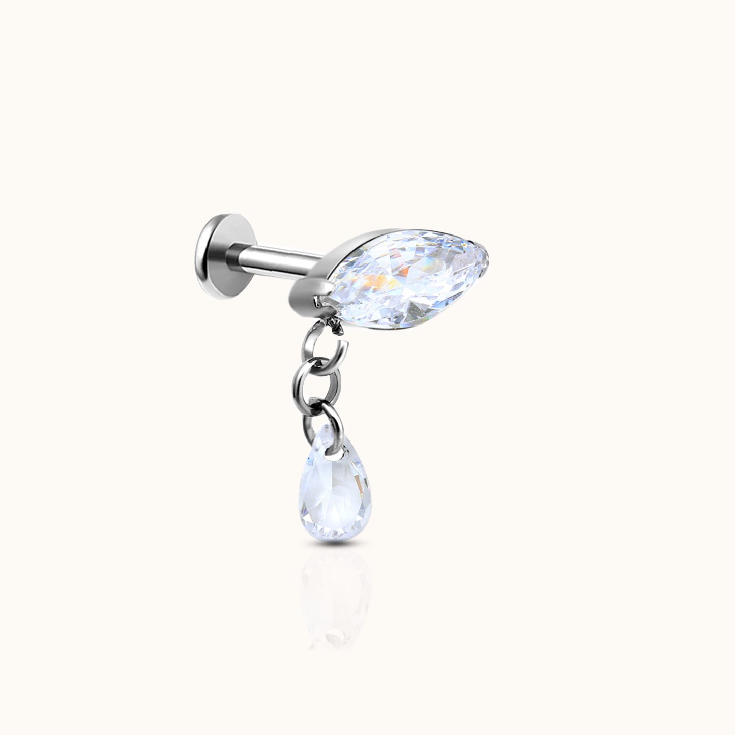 Oval Shaped Gem Dangle CZ Drop Threadless Labret Titanium Flat Back Nap Earring by Doviana