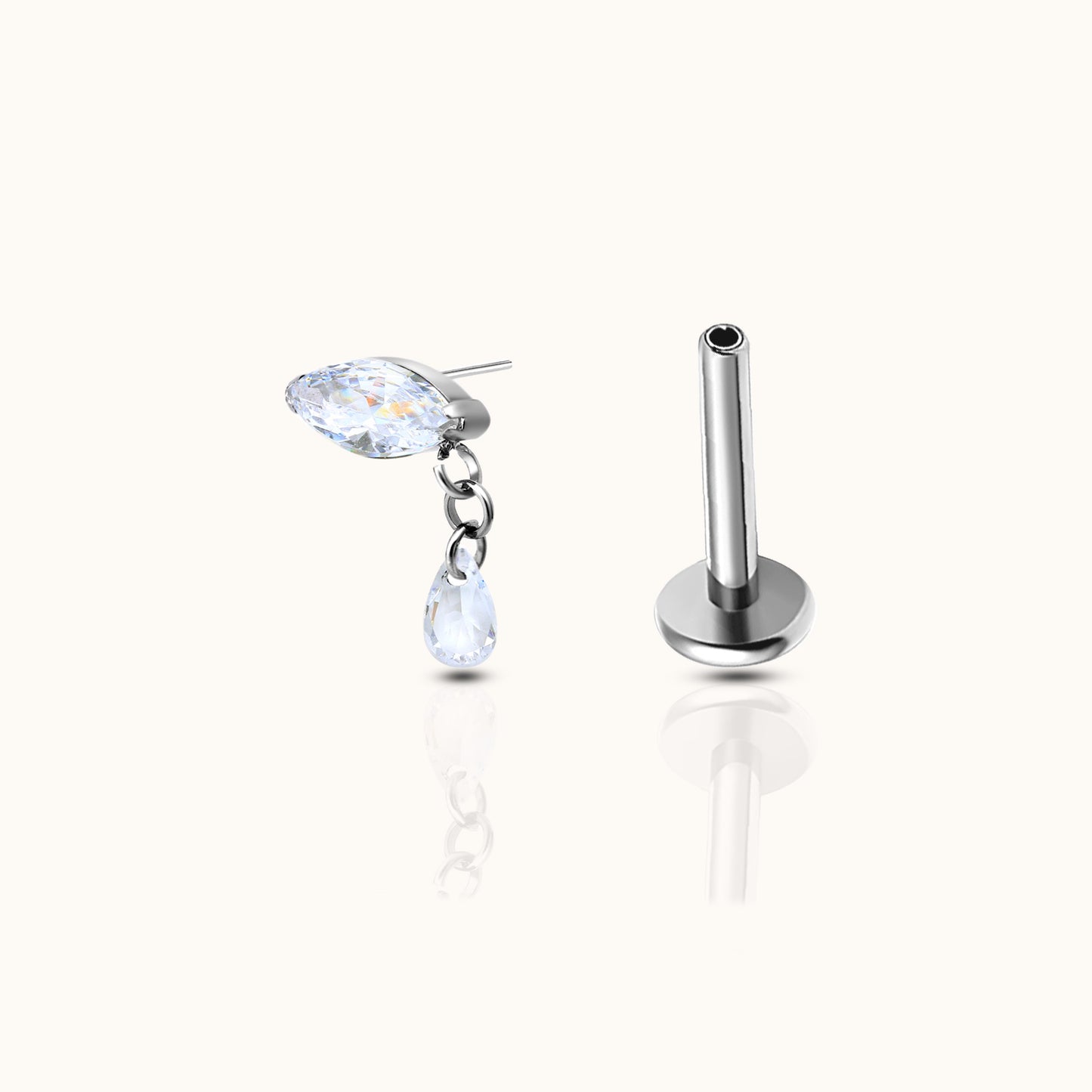 Oval Shaped Gem Dangle CZ Drop Threadless Labret Titanium Flat Back Nap Earring by Doviana