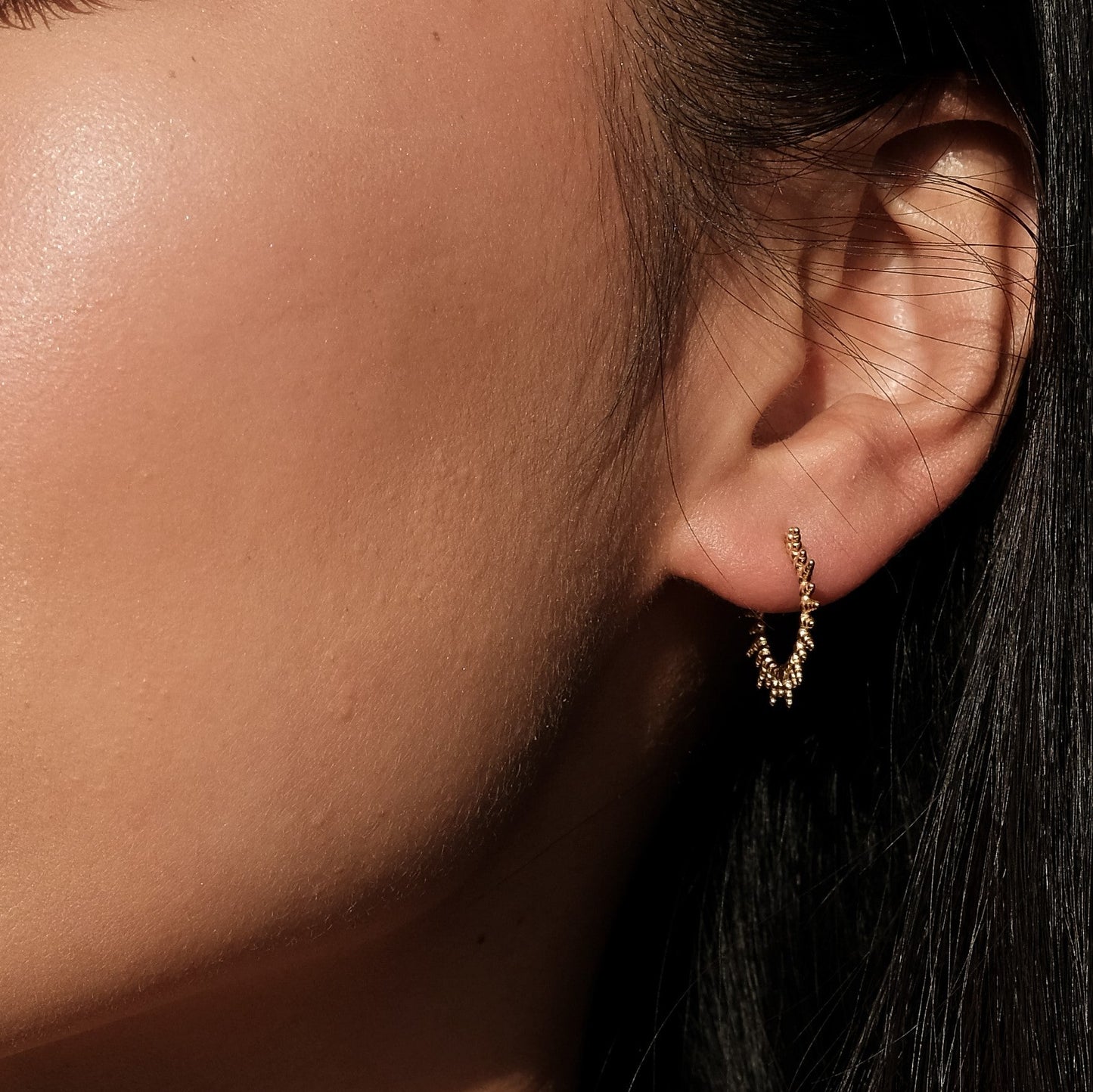 Beads Spikes Hoop Earrings 18K Gold Plated Short Spike & Bead Sun Shape Huggie Hoops by Doviana