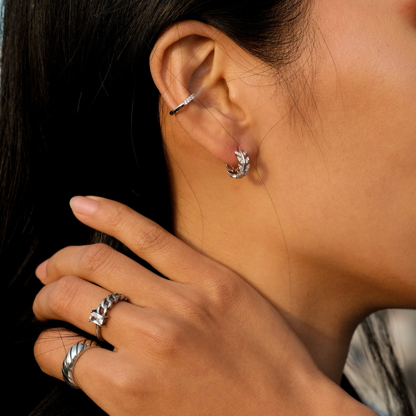 Olive Branch Diamond Huggie Hoop Earrings 925 Sterling Silver Leaves Hoops by Doviana