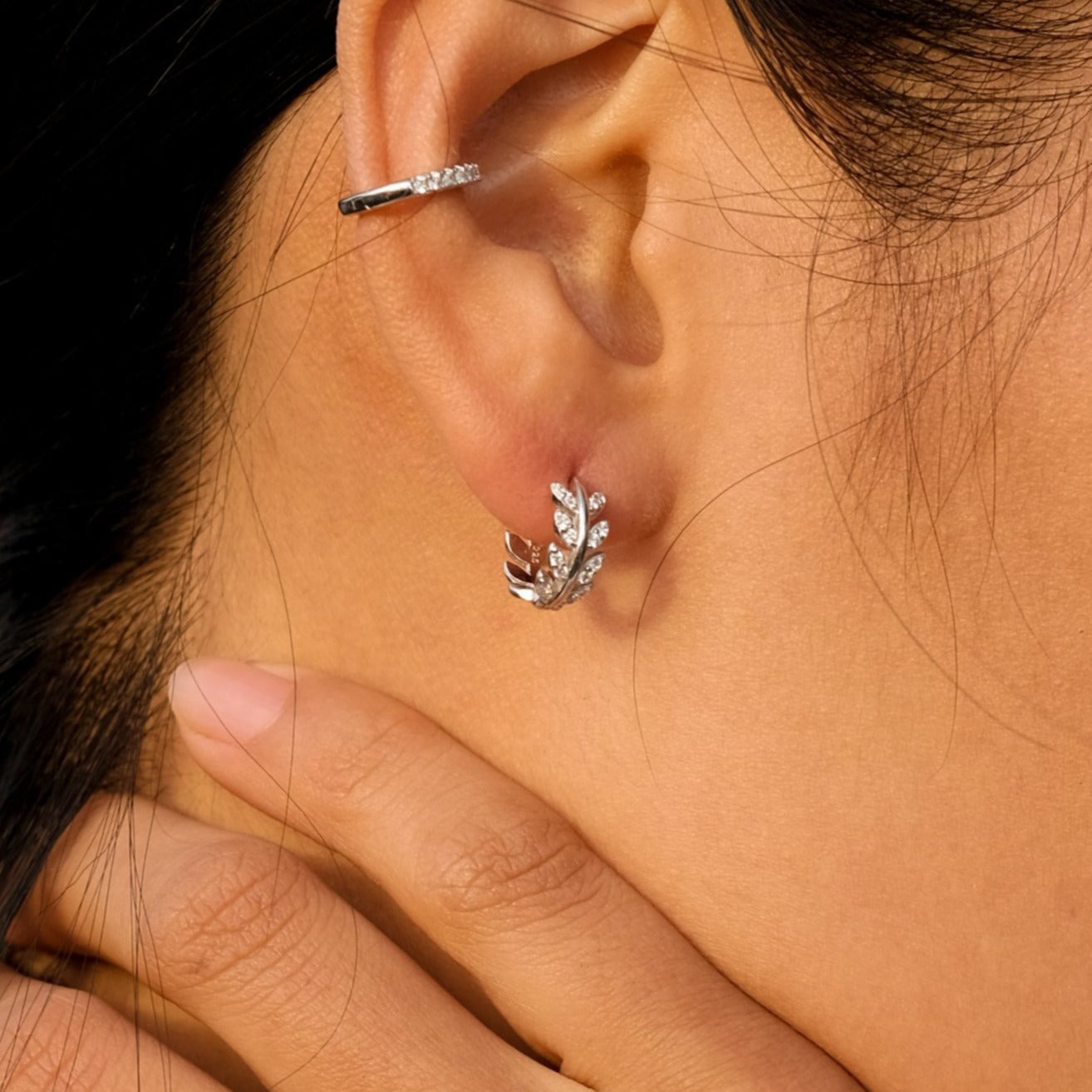 Olive Branch Diamond Huggie Hoop Earrings 925 Sterling Silver Leaves Hoops by Doviana