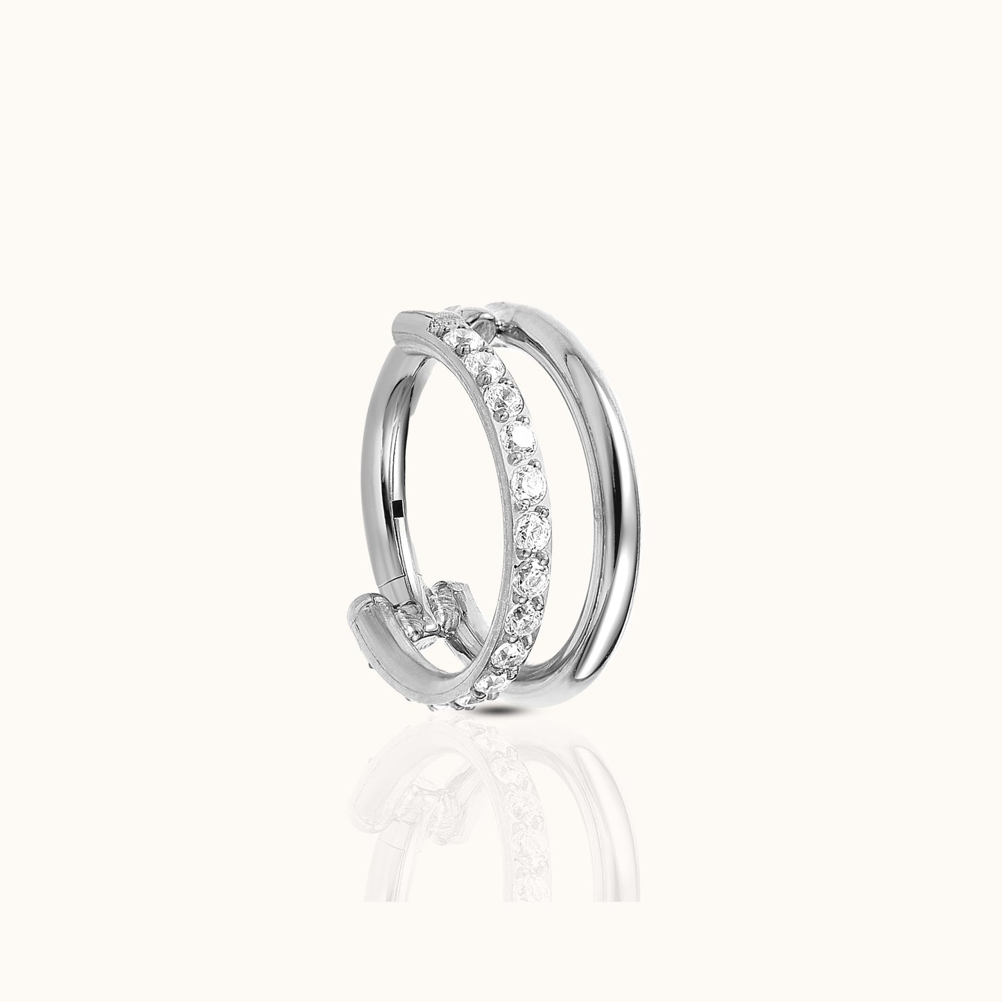 Parallel Double Hoop CZ Clicker Titanium Silver Hinged Nap Hoop Earring by Doviana