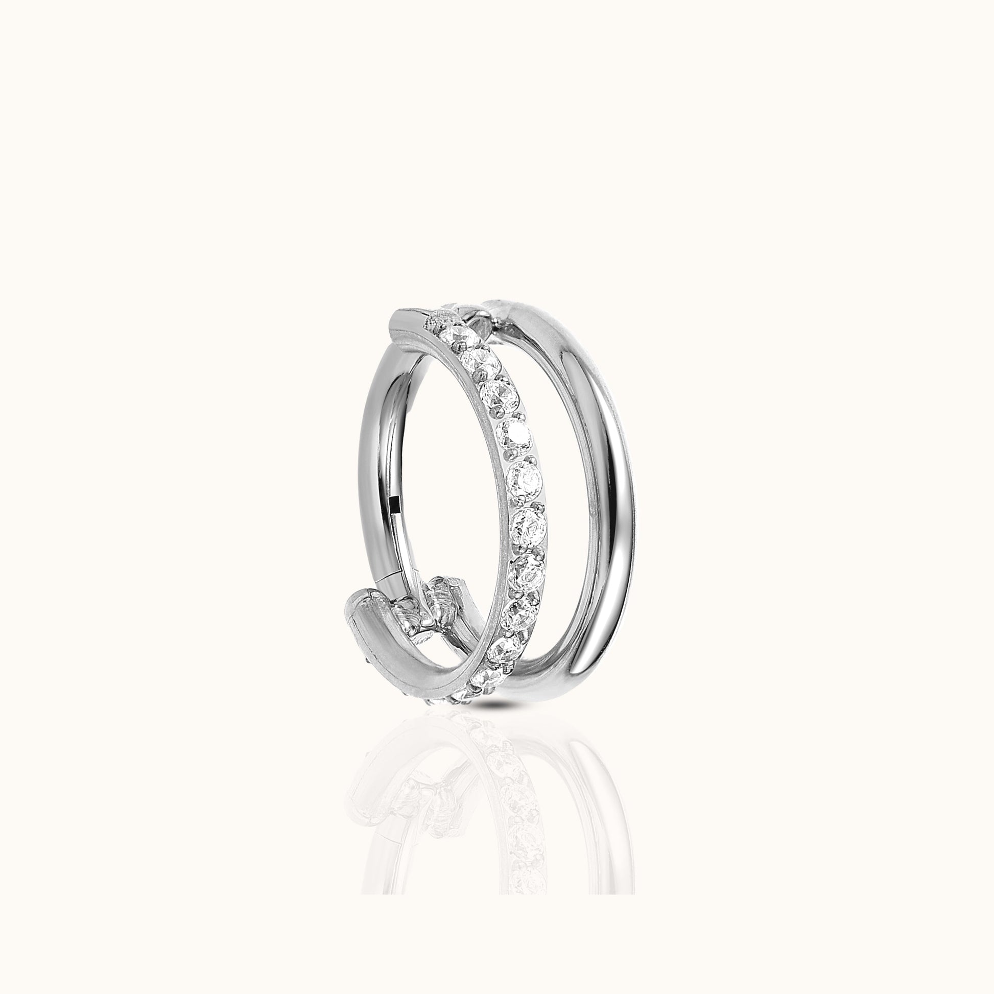 Parallel Double Hoop CZ Clicker Titanium Silver Hinged Nap Hoop Earring by Doviana