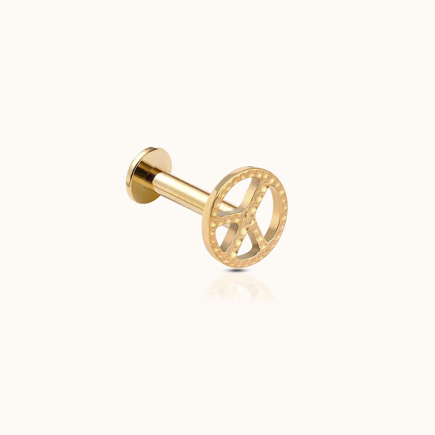 Peace Sign Threadless Labret PVD Gold Flat Push Back Nap Stud Earring by Doviana