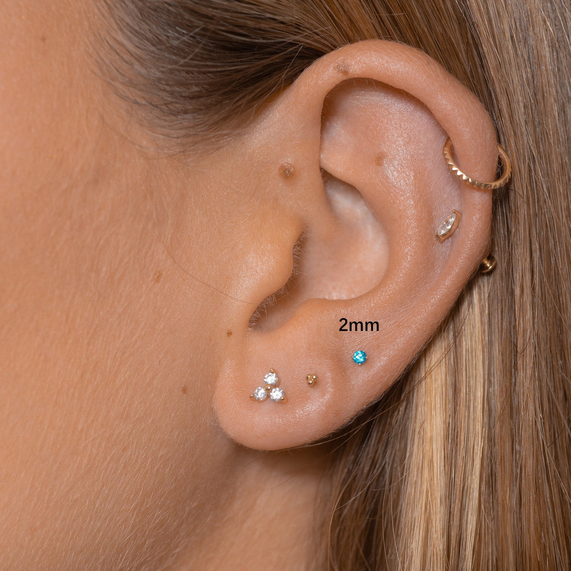 14K Solid Gold 2mm Aquamarine CZ Threadless Labret Flat Back Nap Earring by Doviana