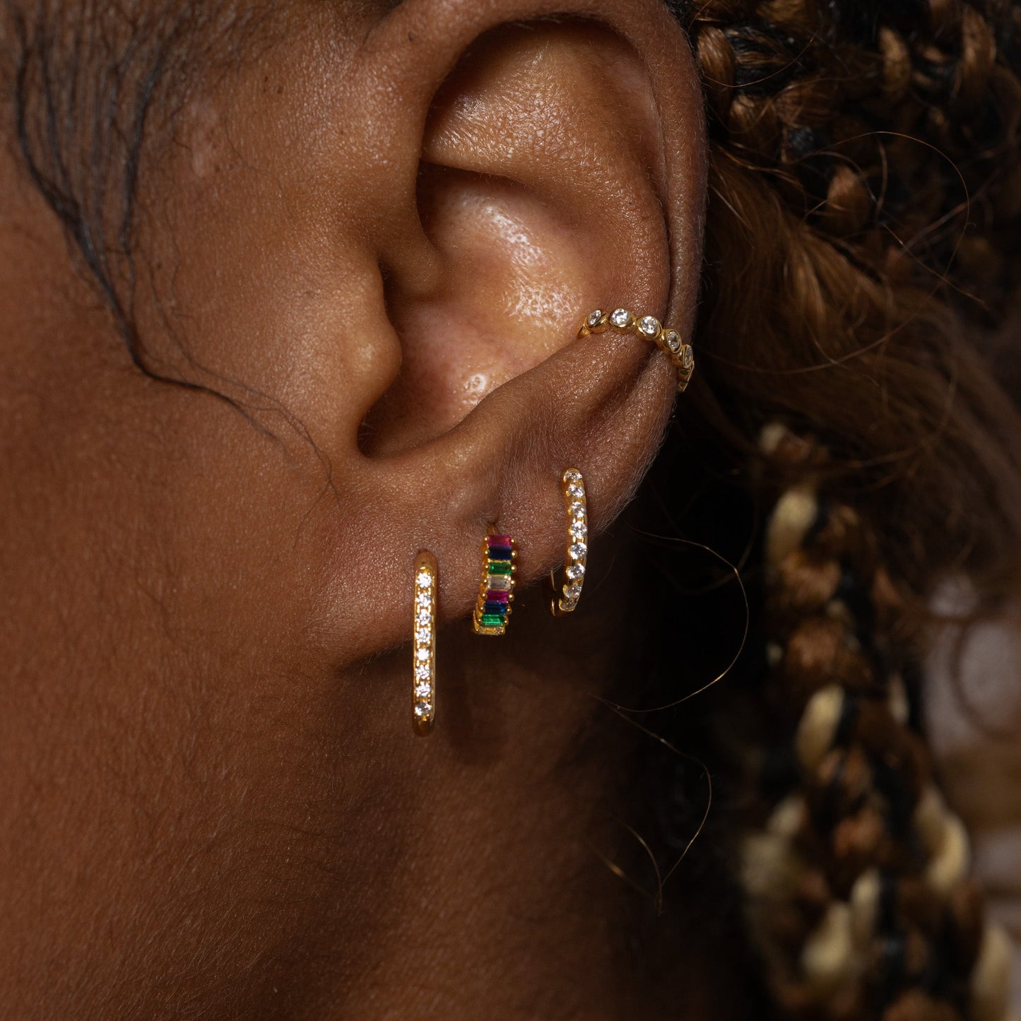 Rainbow Colored Baguette CZ Pave Huggie Hoops Earrings Best Gay Gift by Doviana