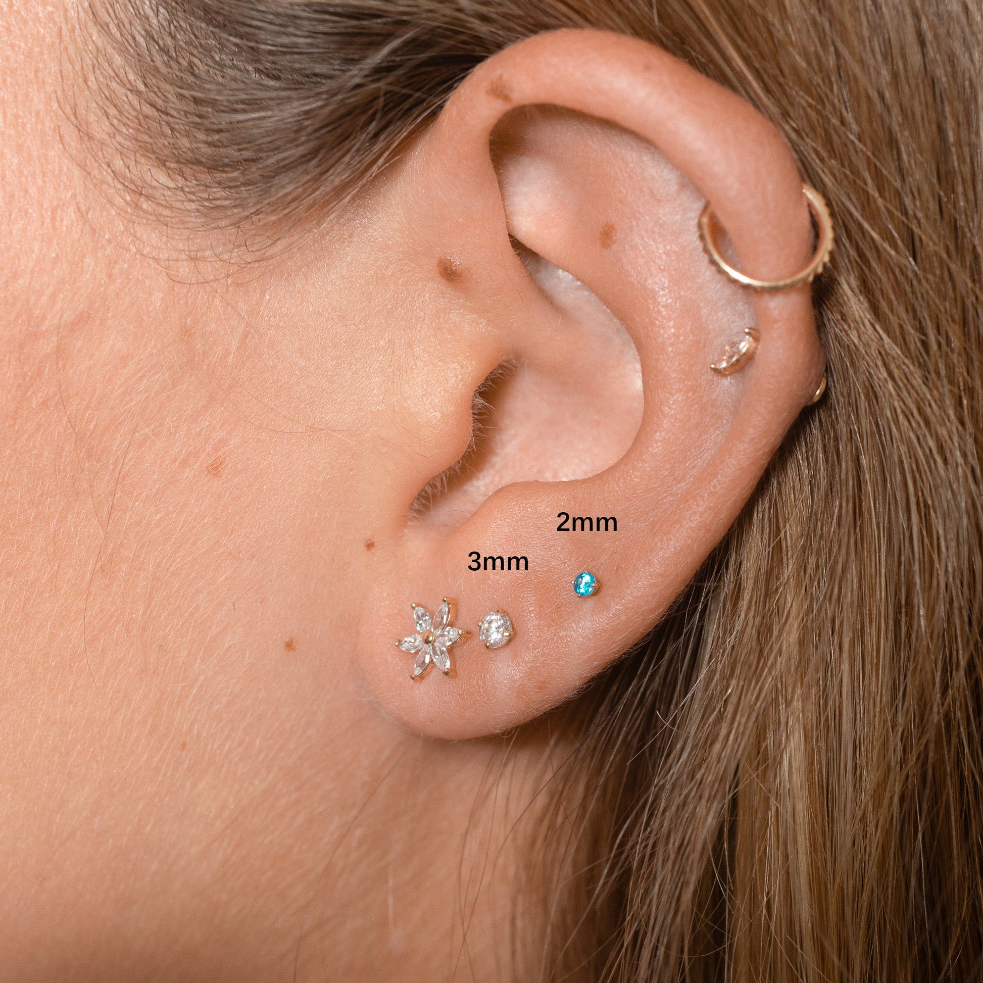 14K Solid Gold 2mm Aquamarine CZ Threadless Labret Flat Back Nap Earring by Doviana