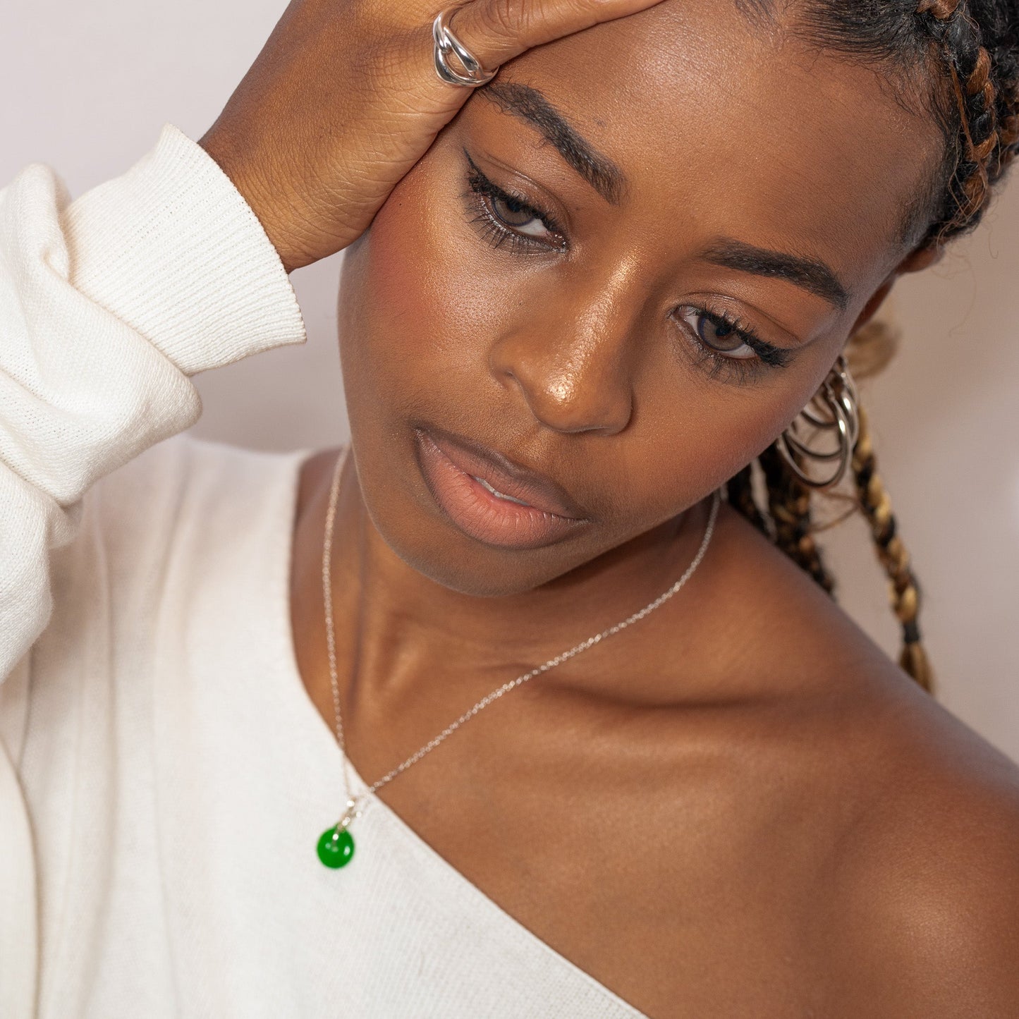 Sterling Silver Knot Necklace with Green Jade