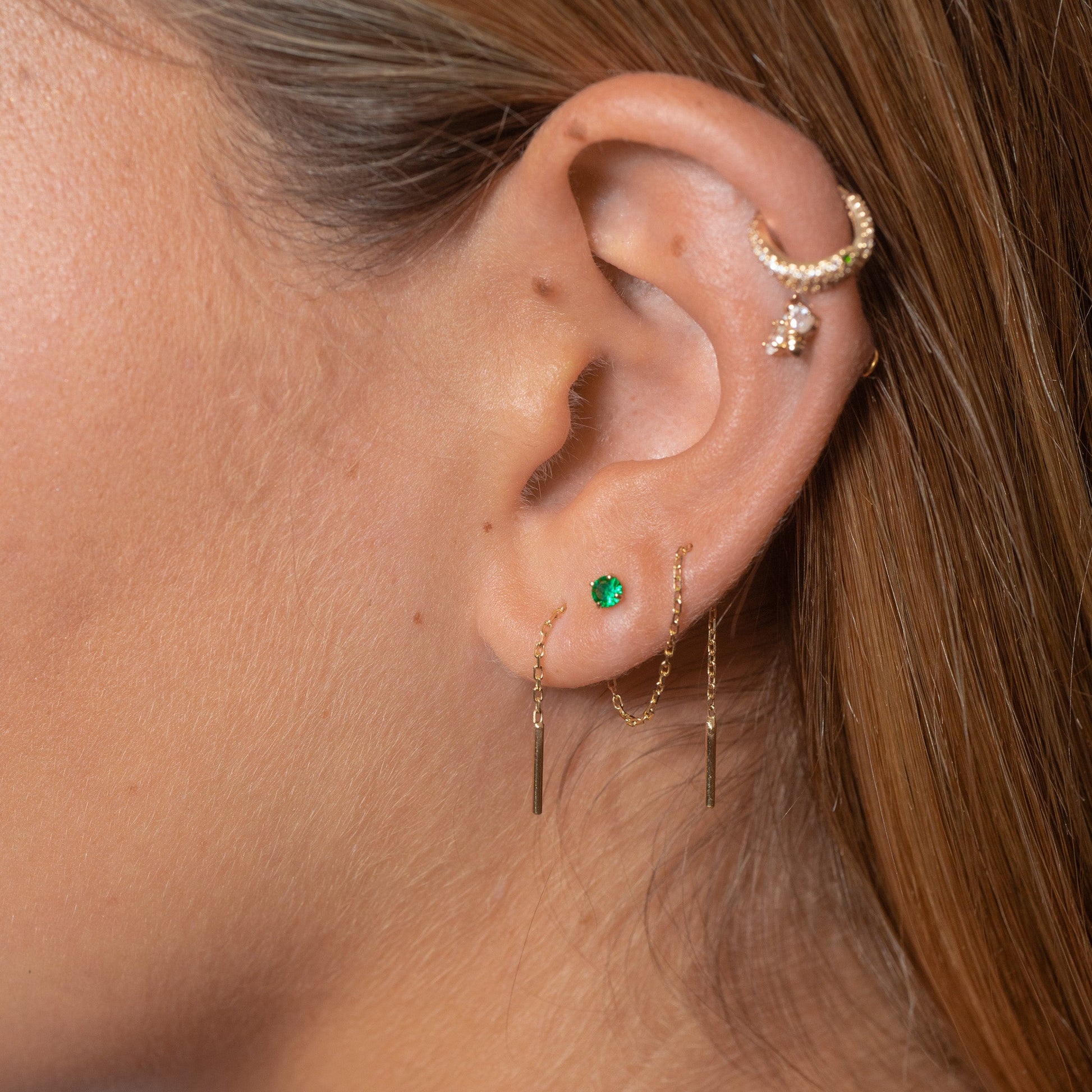 14K Solid Gold Emerald Green CZ Threadless Labret Flat Back Nap Earring by Doviana