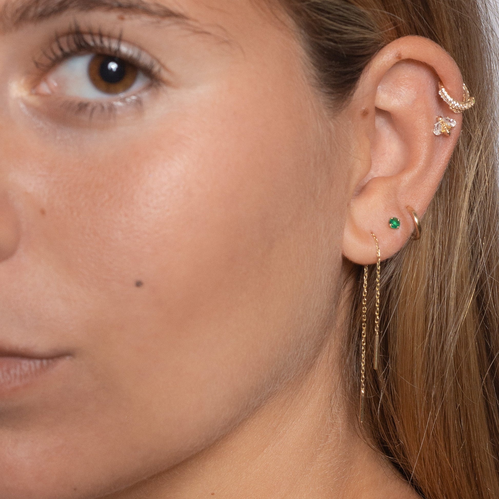 14K Solid Gold Cable Chain Dangle Ear Chain Threader Earring by Doviana