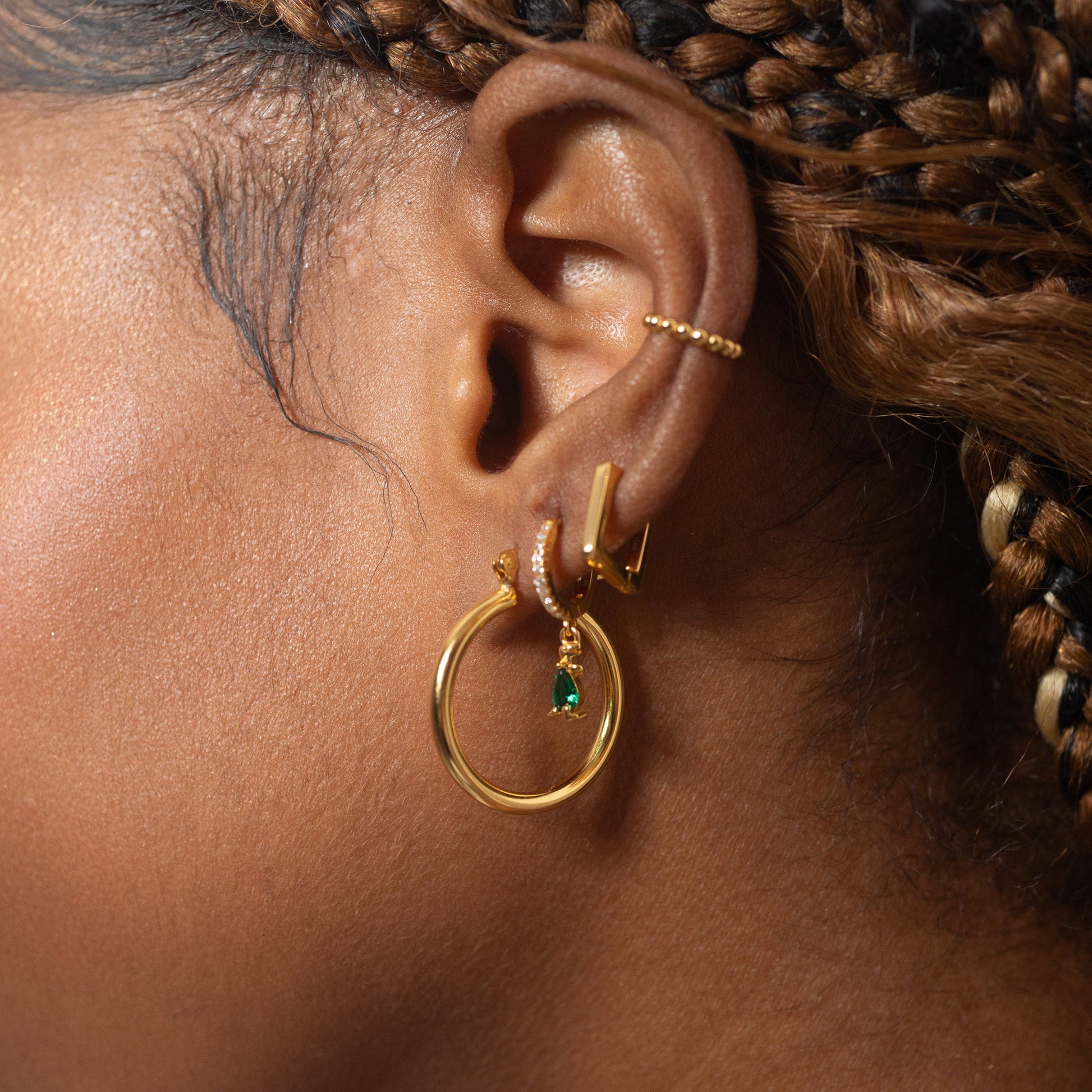 Animal Theme Green Stone CZ Drop Dinosaur Dangle Huggie Hoop Earrings by Doviana