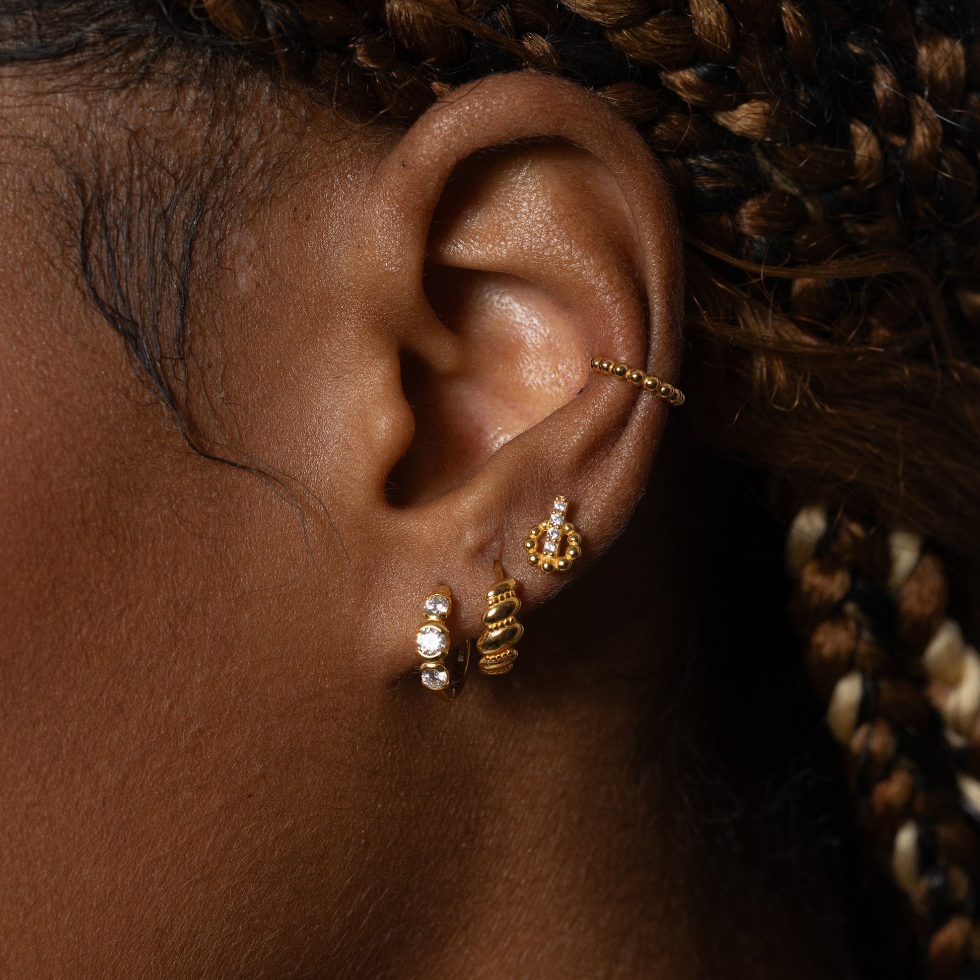 Single Gold Beaded Ear Cuff Adjustable Cartilage Fake Conch Piercing by Doviana