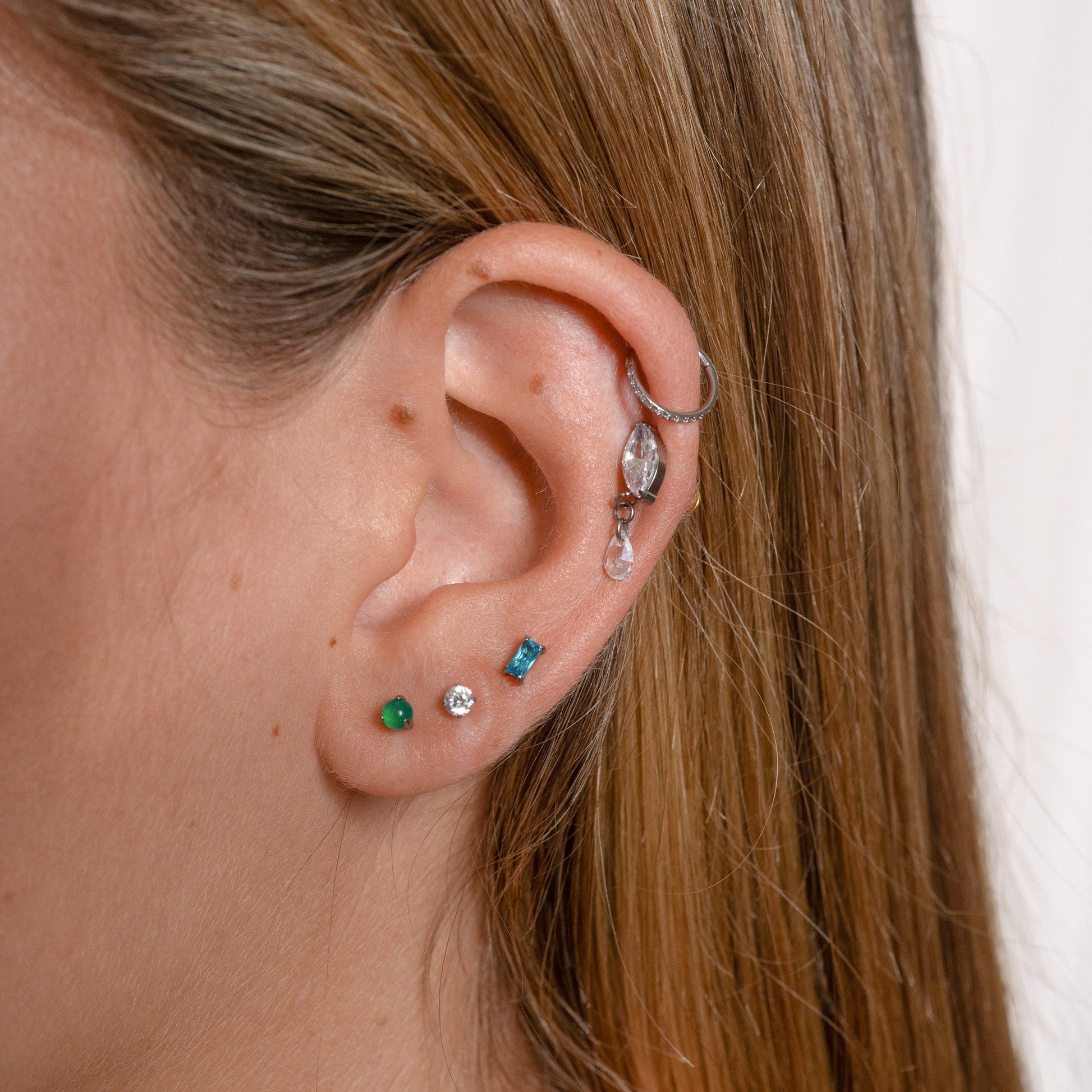 Rectangle Aquamarine Blue CZ Threadless Labret Titanium Flat Back Nap Earring by Doviana