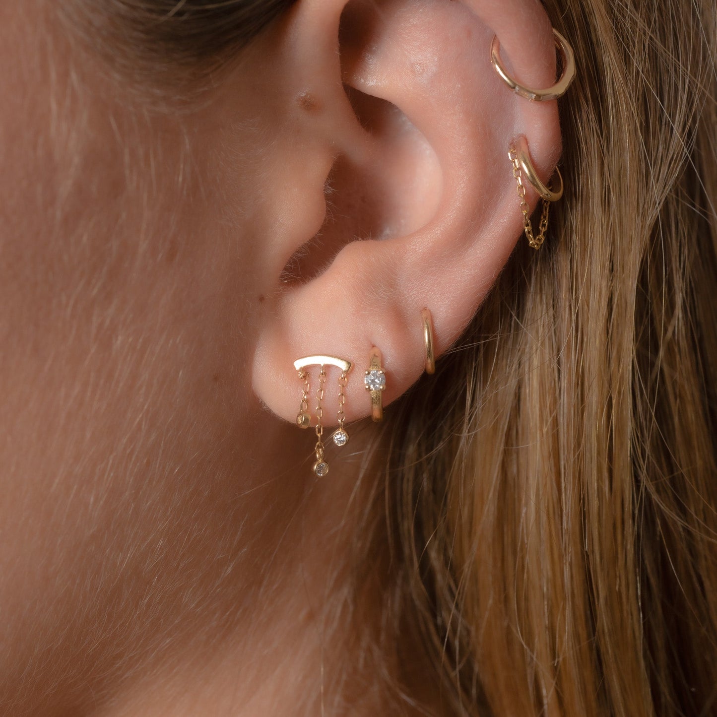 14K Solid Gold Chandelier Tassel CZ Bezel Drop Dangle Threadless Labret Flat Back Nap Earring by Doviana