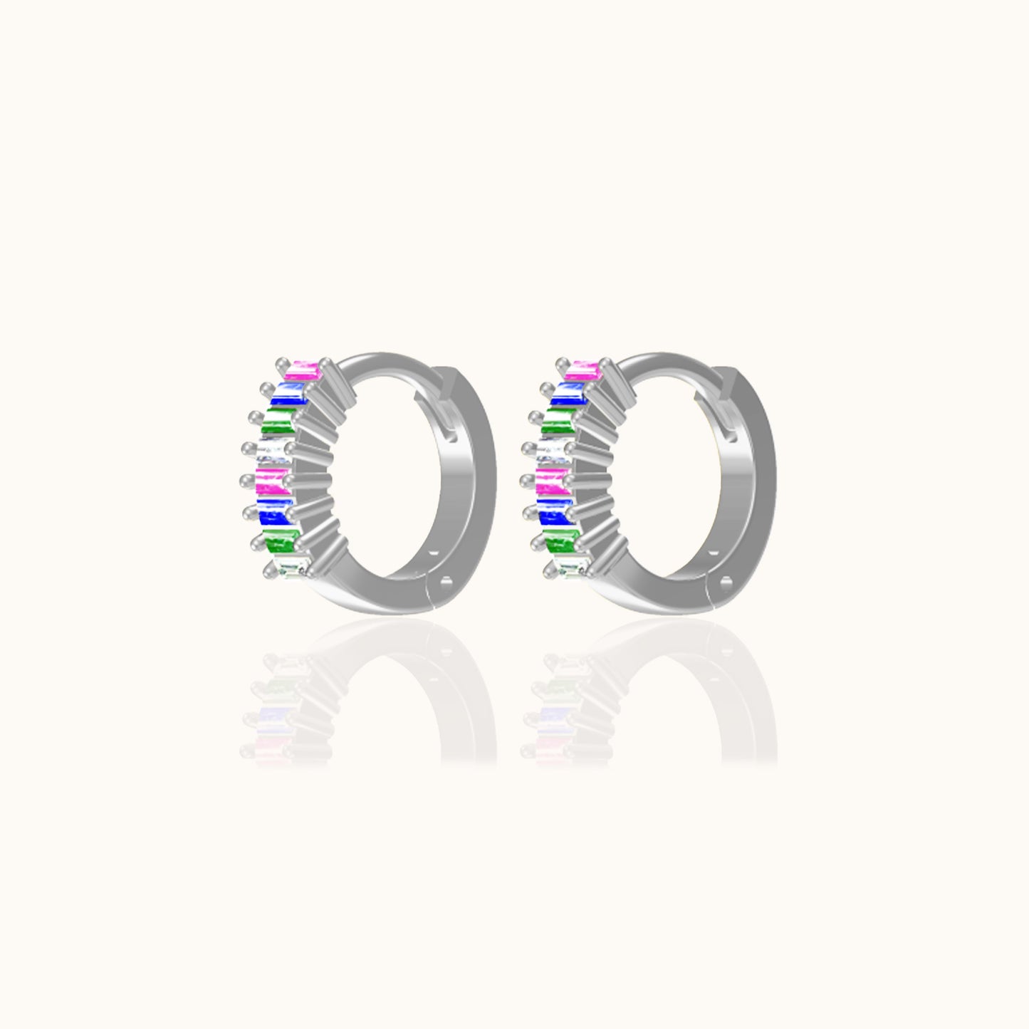 Rainbow Colored 925 Sterling Silver Baguette CZ Pave Huggie Hoops Earrings Best Gay Gift by Doviana